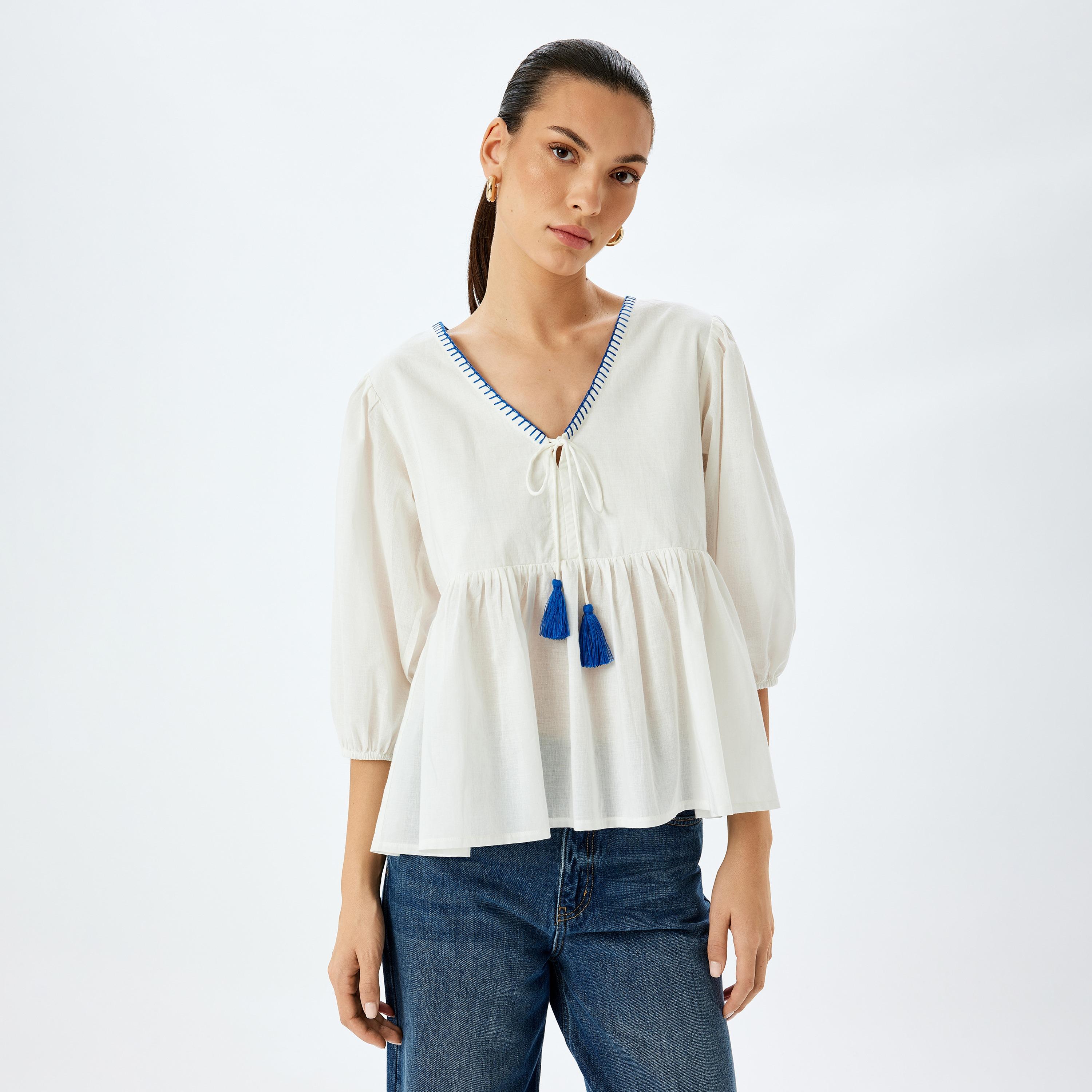 KOTON White Cotton Tie-Up Neck Puff Sleeves Women's Peplum Top-women-clothing-shirtsandblouses-blouses-image-2