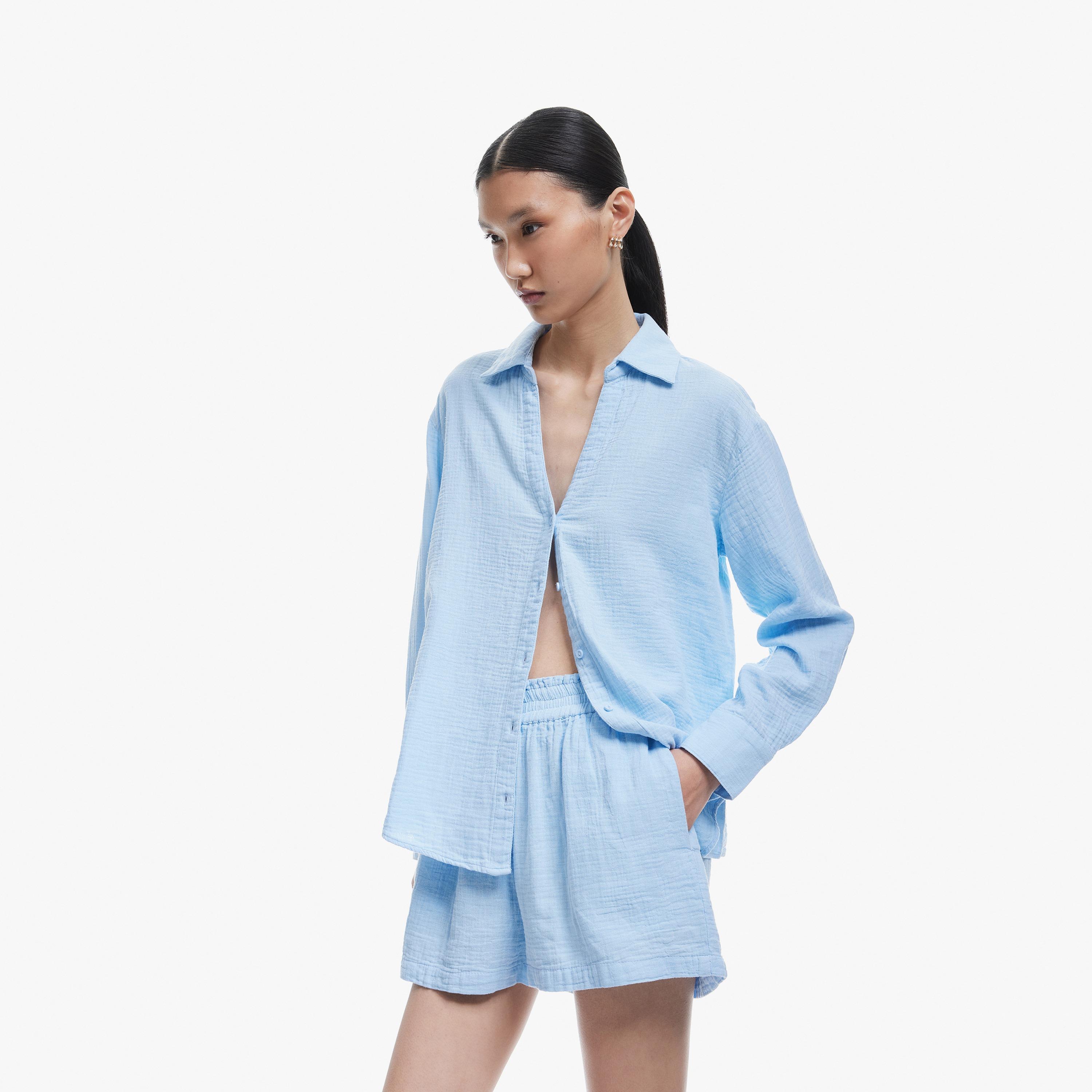 KOTON Blue Textured Cotton Spread Collar Women's Shirt-women-clothing-shirtsandblouses-shirts-image-1