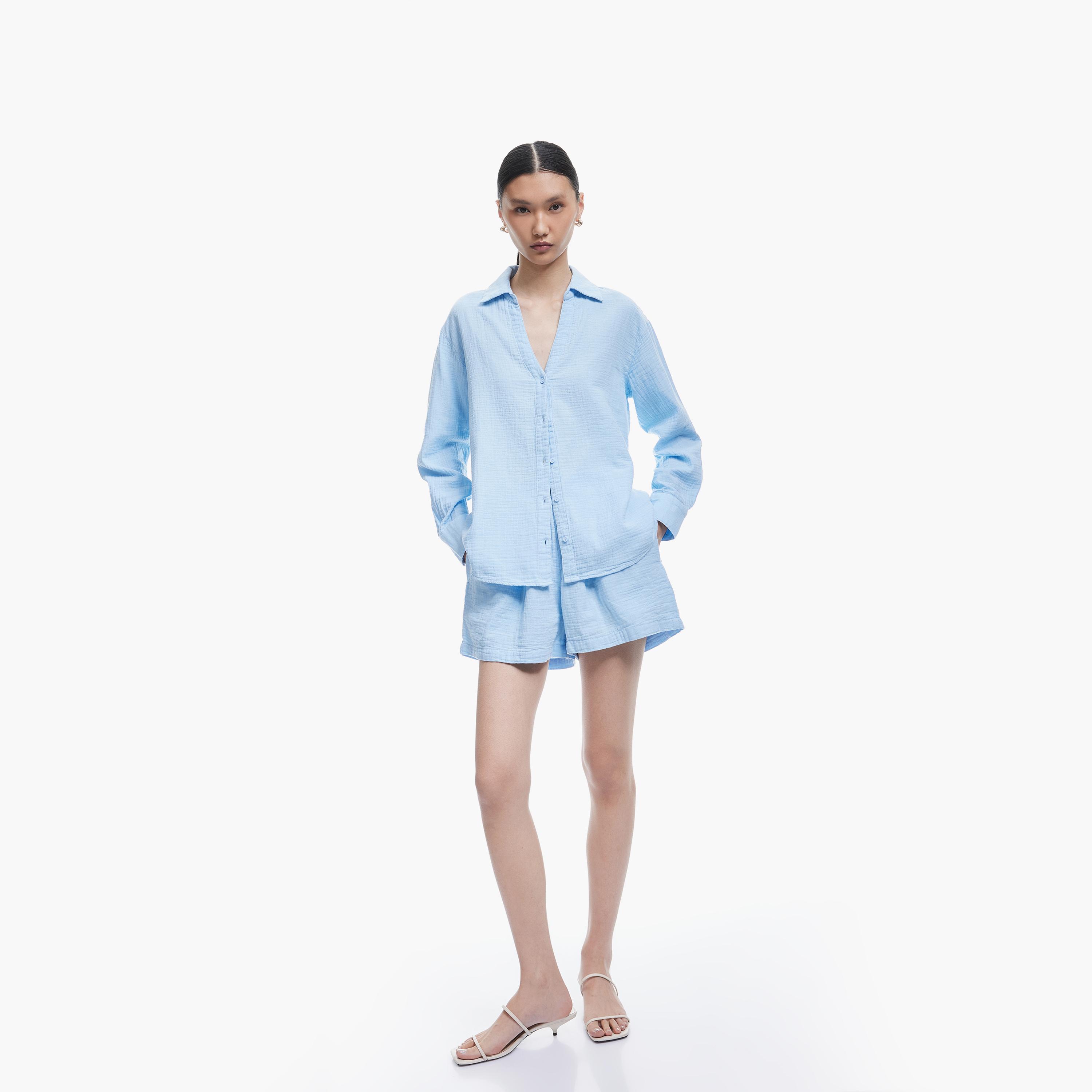 KOTON Blue Textured Cotton Spread Collar Women's Shirt-women-clothing-shirtsandblouses-shirts-image-2