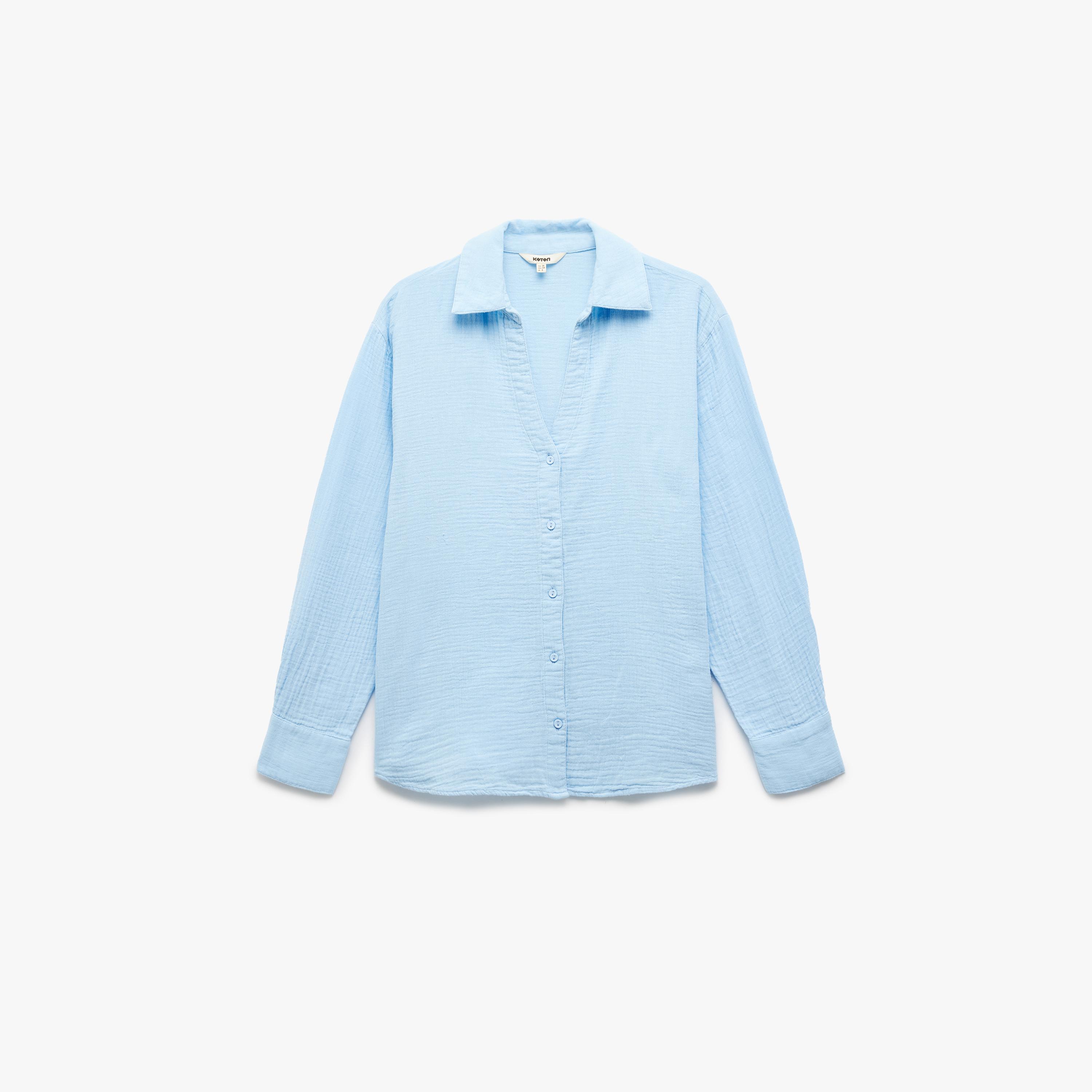 قميص نسائي من القطن بارز الملمس بلون أزرق وياقة مفرودة من كوتون-women-clothing-shirtsandblouses-shirts-image-3