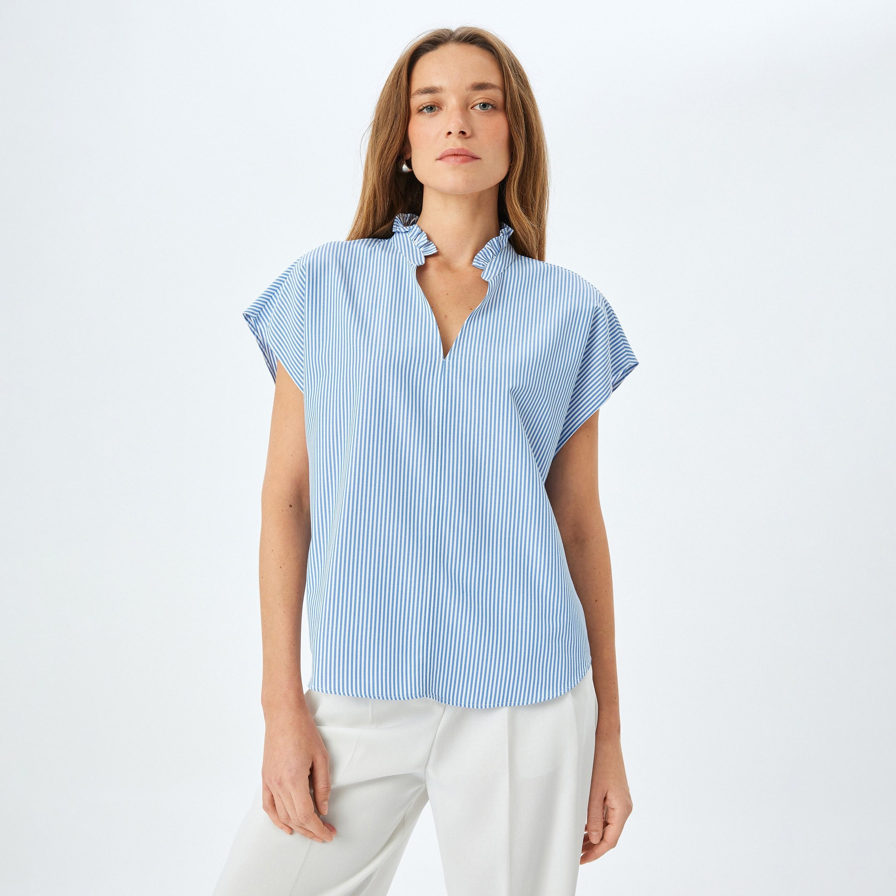 Koton Blue Striped Ruffle Neck Cap Sleeves Women's Top-women-clothing-shirtsandblouses-blouses-image-1