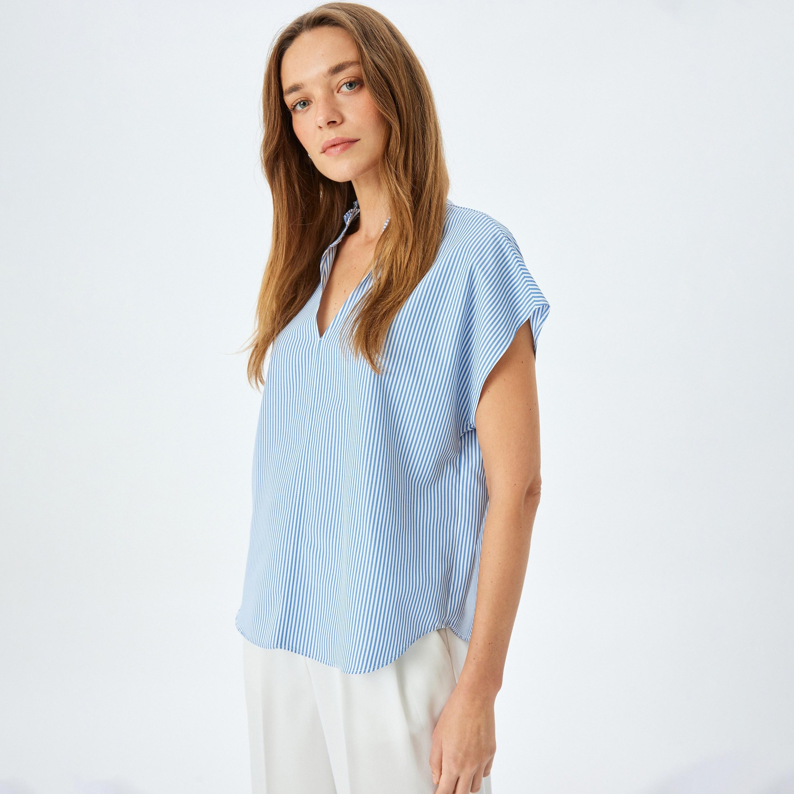 Koton Blue Striped Ruffle Neck Cap Sleeves Women's Top-women-clothing-shirtsandblouses-blouses-image-2