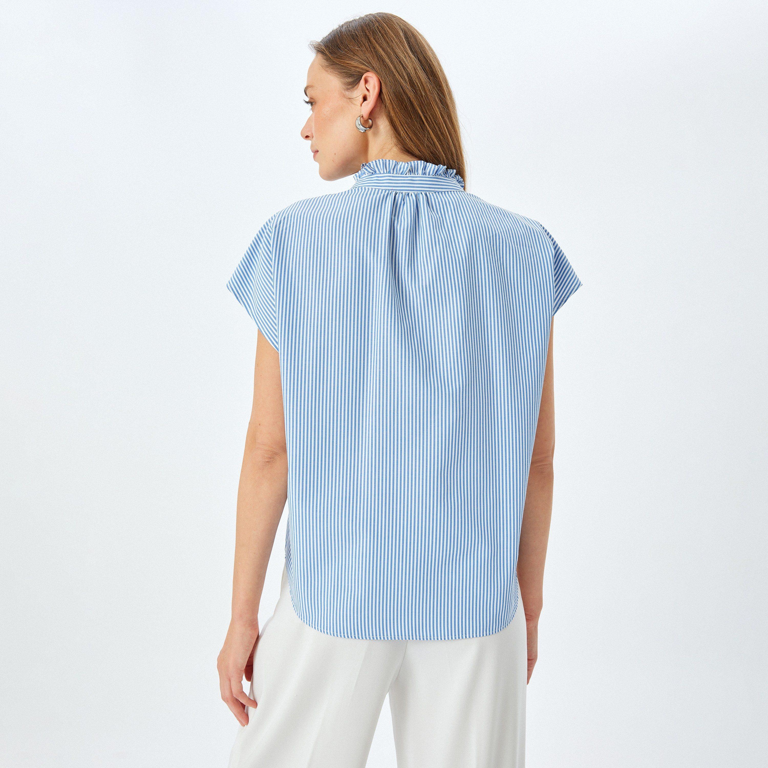 Koton Blue Striped Ruffle Neck Cap Sleeves Women's Top-women-clothing-shirtsandblouses-blouses-image-3