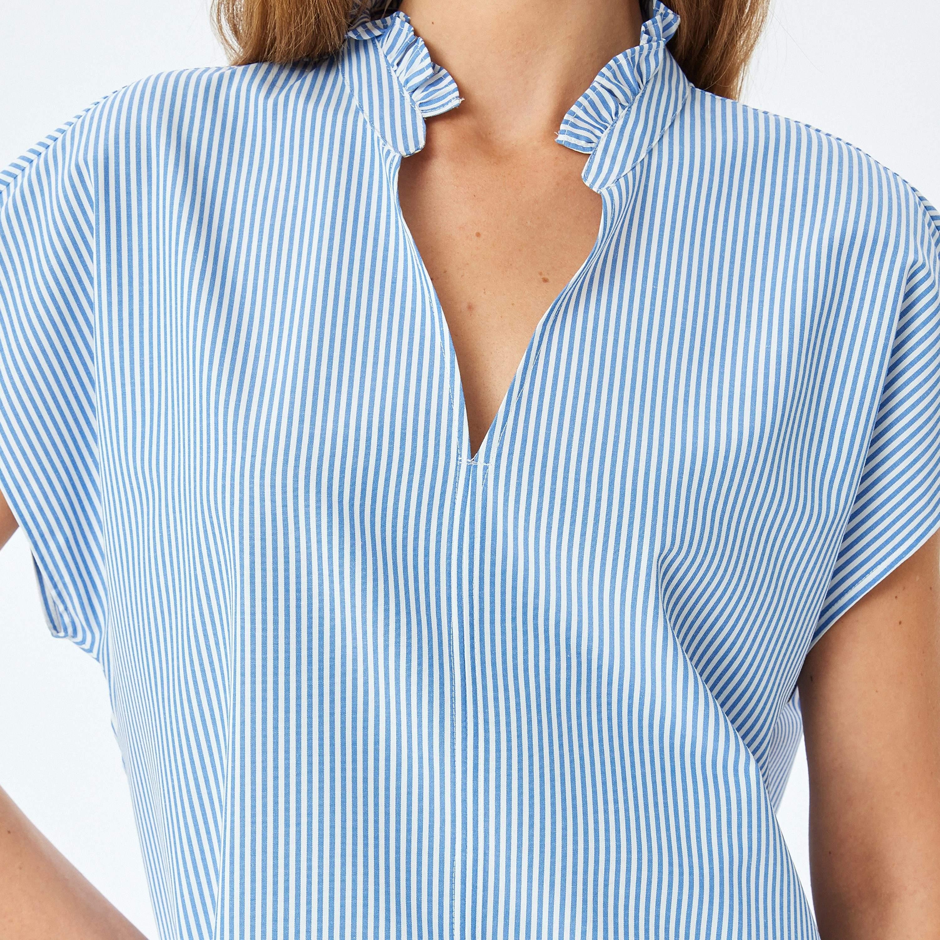 Koton Blue Striped Ruffle Neck Cap Sleeves Women's Top-women-clothing-shirtsandblouses-blouses-image-4