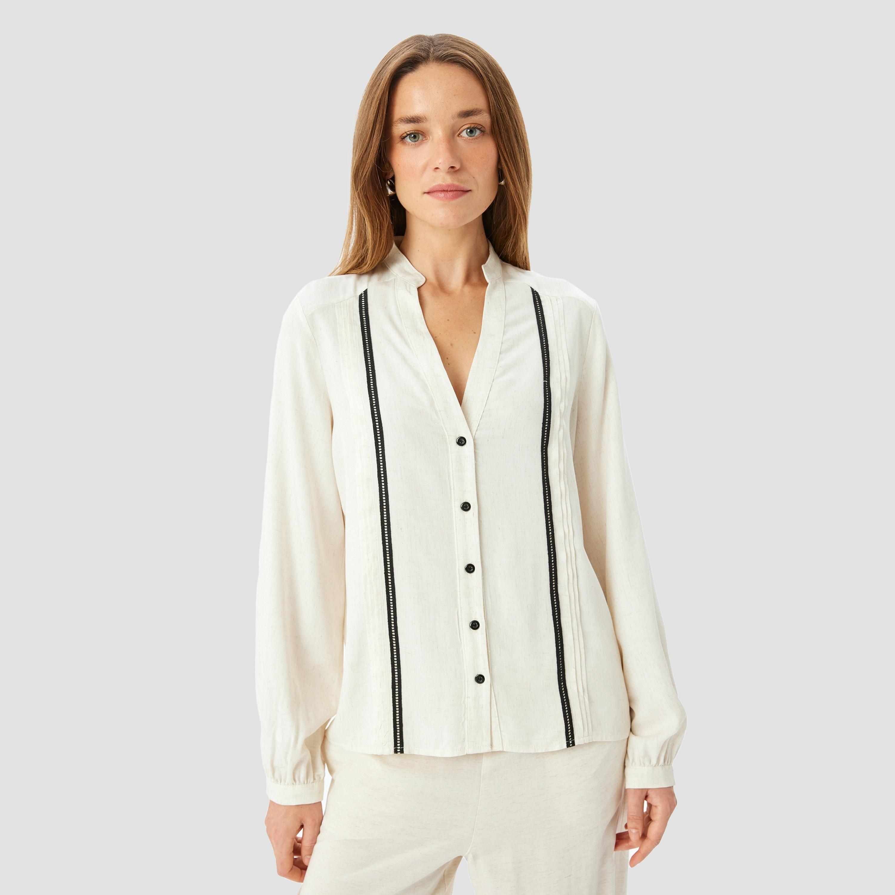 Koton Cream Pintuck Mandarin Long Sleeves Women's Shirt-women-clothing-shirtsandblouses-shirts-image-1
