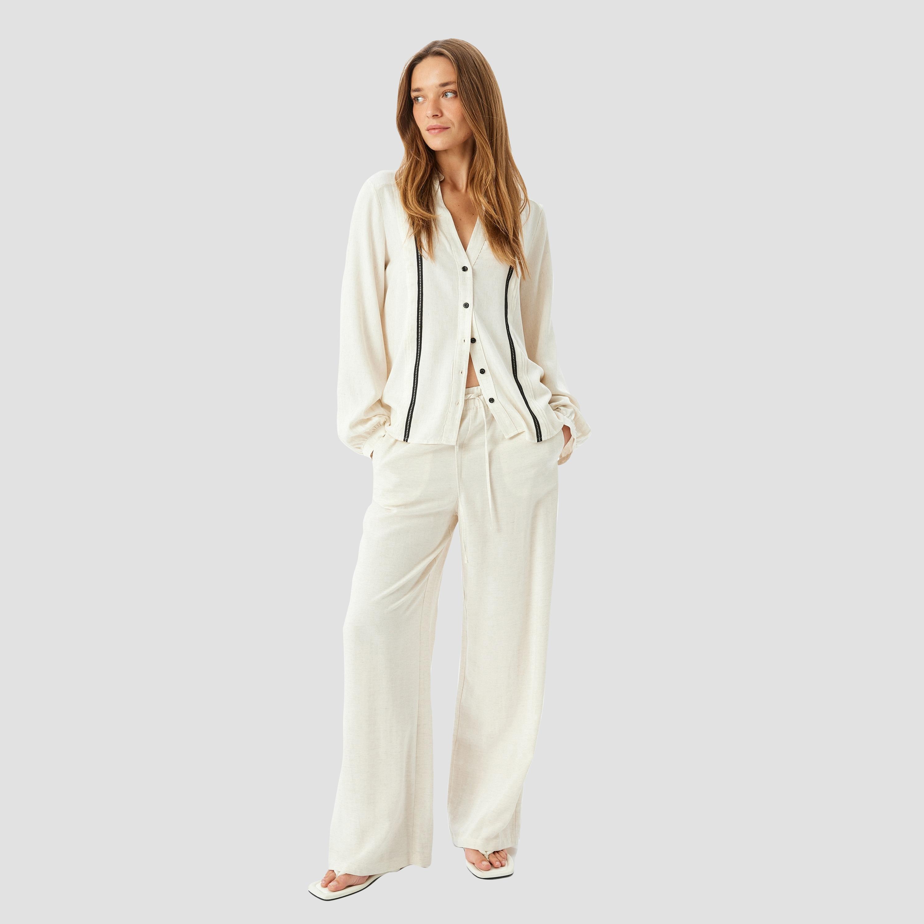 Koton Cream Pintuck Mandarin Long Sleeves Women's Shirt-women-clothing-shirtsandblouses-shirts-image-2