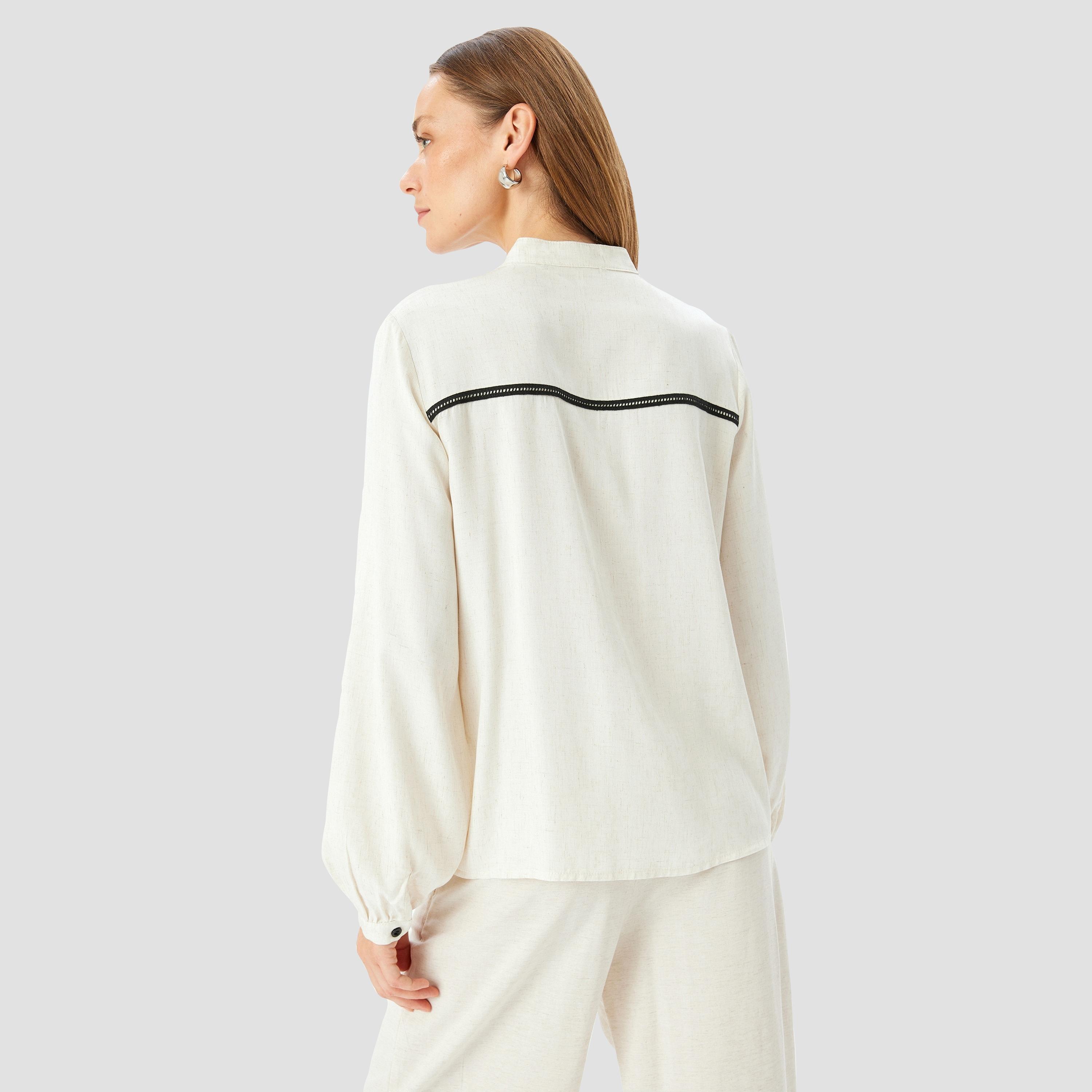 Koton Cream Pintuck Mandarin Long Sleeves Women's Shirt-women-clothing-shirtsandblouses-shirts-image-3