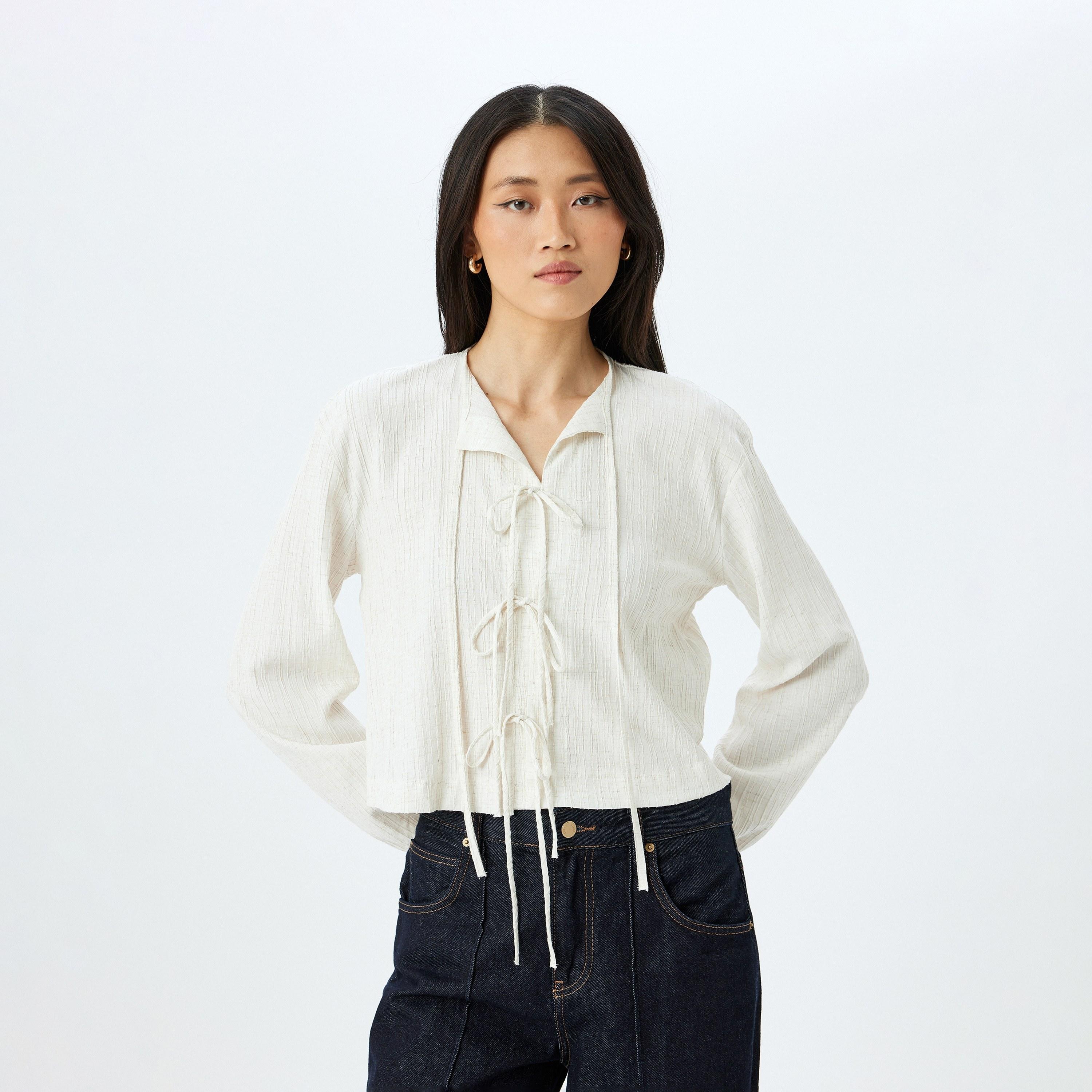 Koton White Crinkled Tie-Up Neck Elasticated Cuffs Women's Top-women-clothing-shirtsandblouses-blouses-image-1