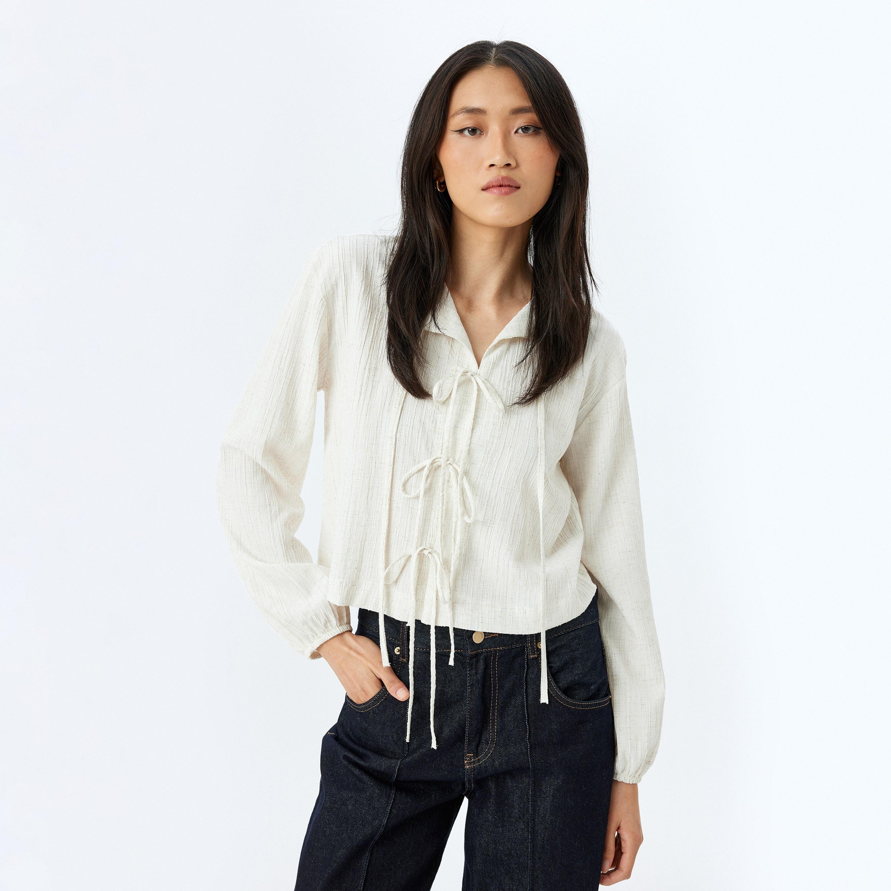 Koton White Crinkled Tie-Up Neck Elasticated Cuffs Women's Top-women-clothing-shirtsandblouses-blouses-image-2
