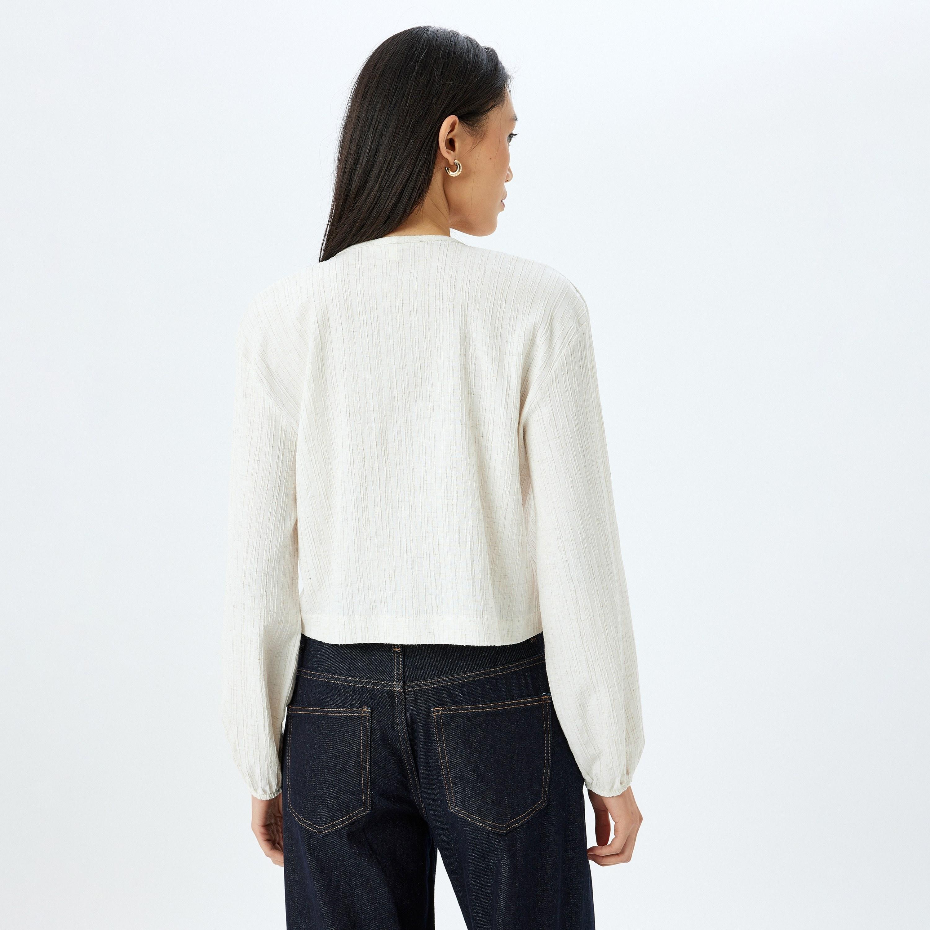 Koton White Crinkled Tie-Up Neck Elasticated Cuffs Women's Top-women-clothing-shirtsandblouses-blouses-image-3