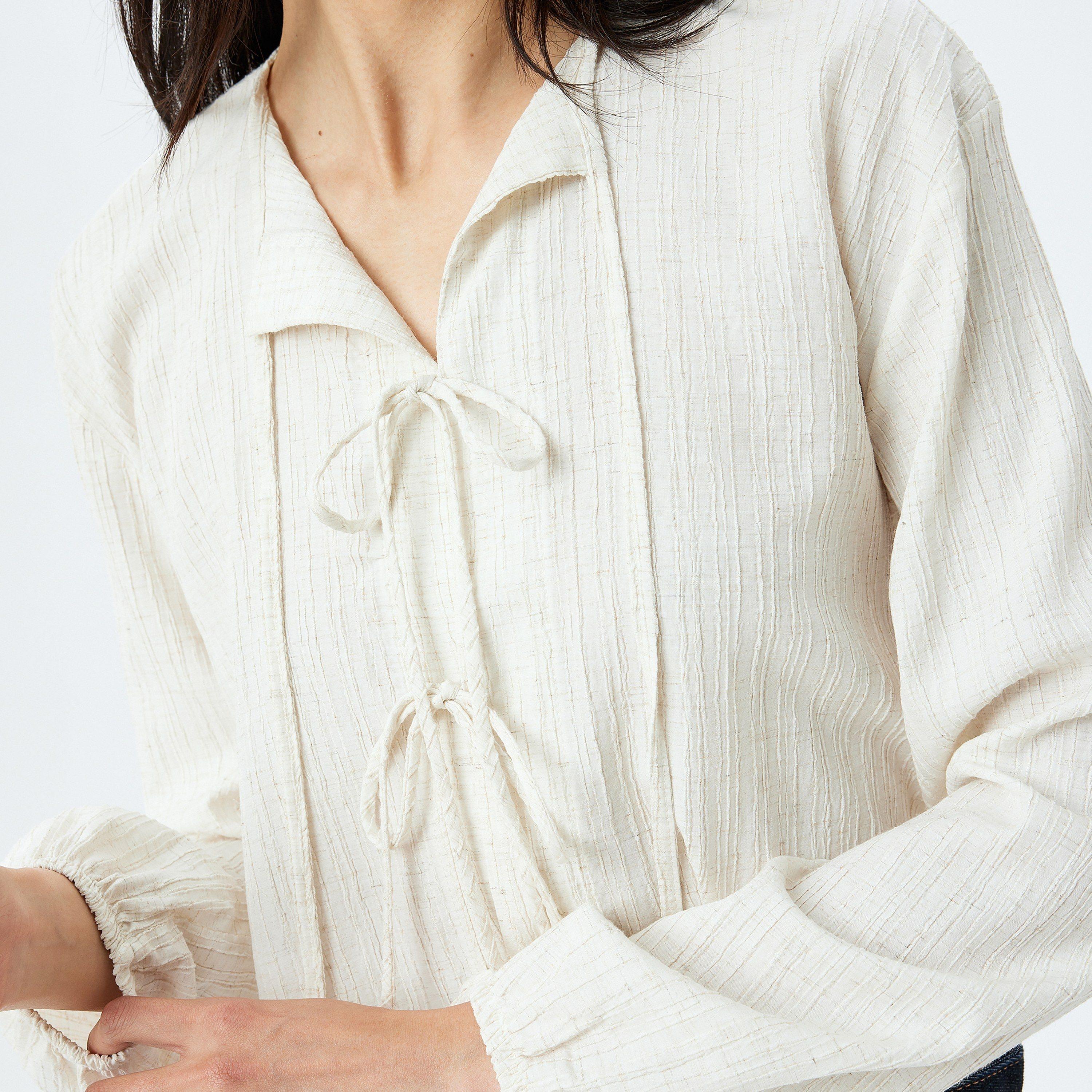 Koton White Crinkled Tie-Up Neck Elasticated Cuffs Women's Top-women-clothing-shirtsandblouses-blouses-image-4