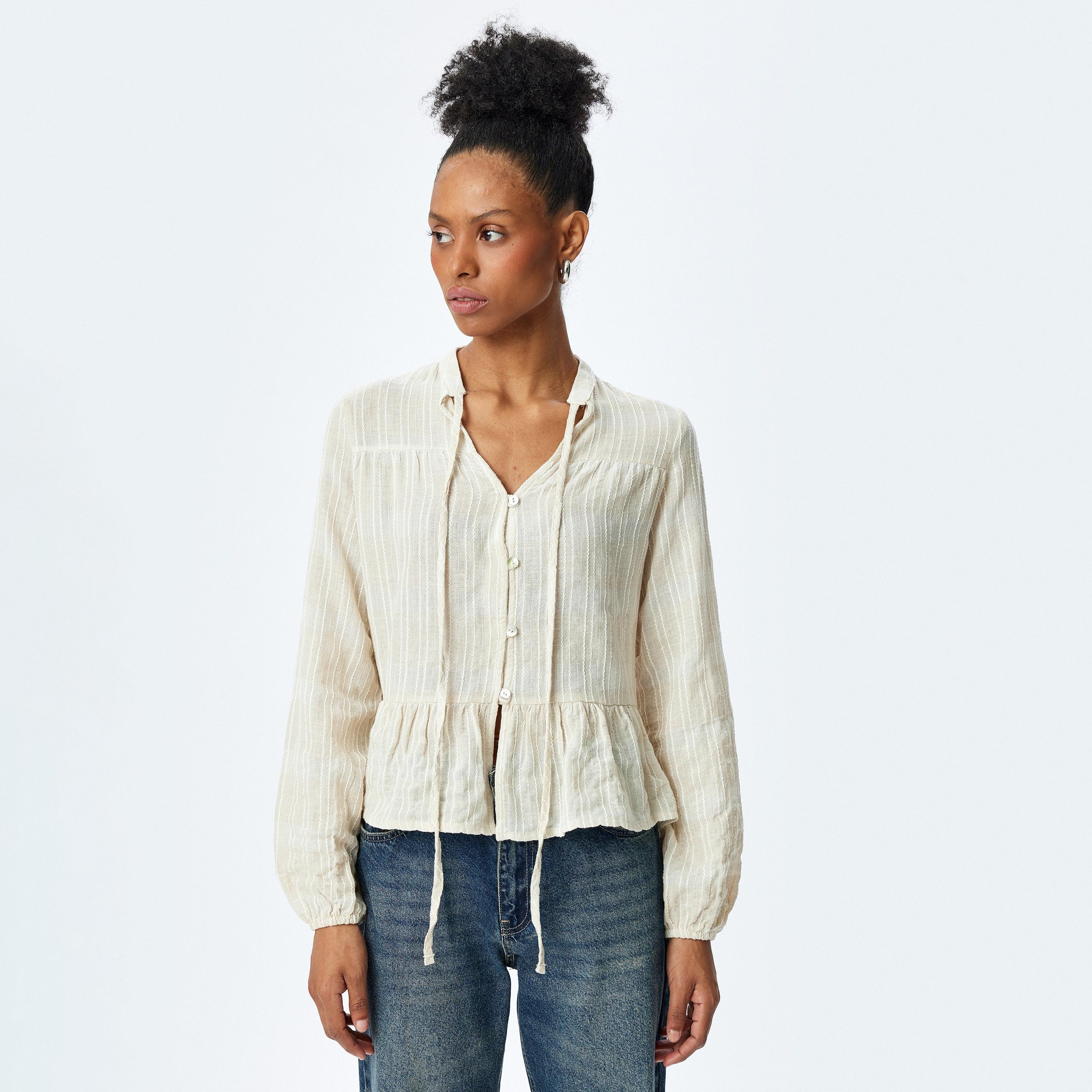 Koton Beige Textured Tie-Up Neck Elasticated Cuffs Women's Top-women-clothing-shirtsandblouses-blouses-image-1
