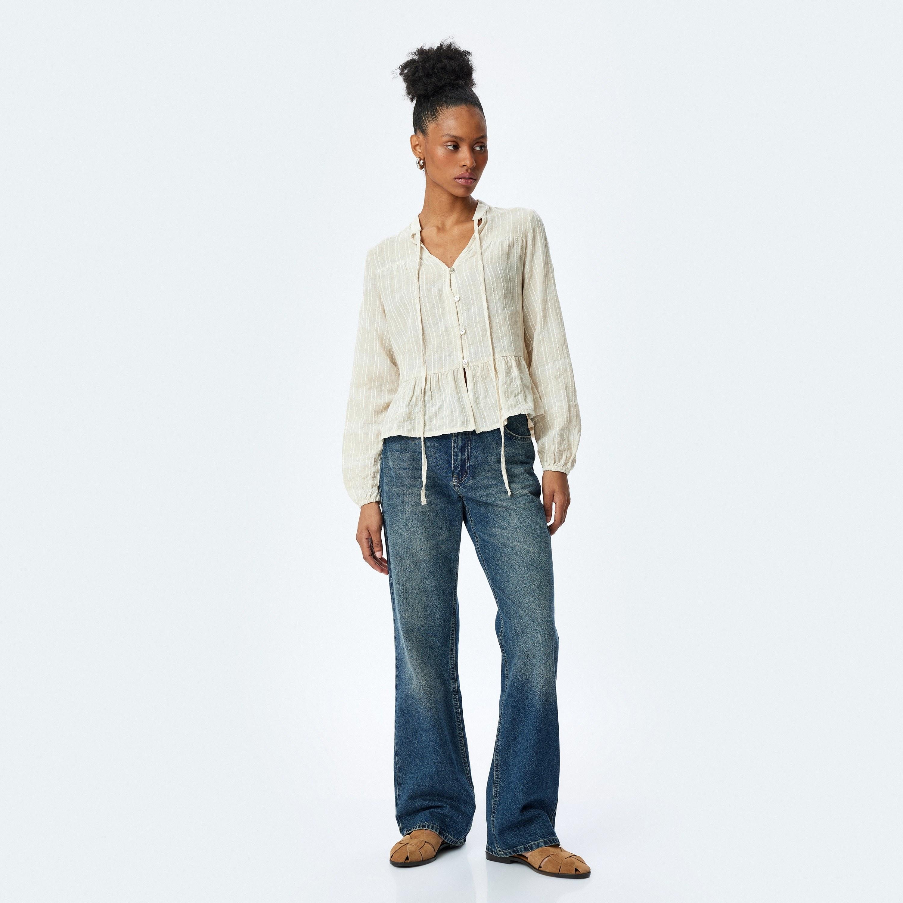 Koton Beige Textured Tie-Up Neck Elasticated Cuffs Women's Top-women-clothing-shirtsandblouses-blouses-image-2