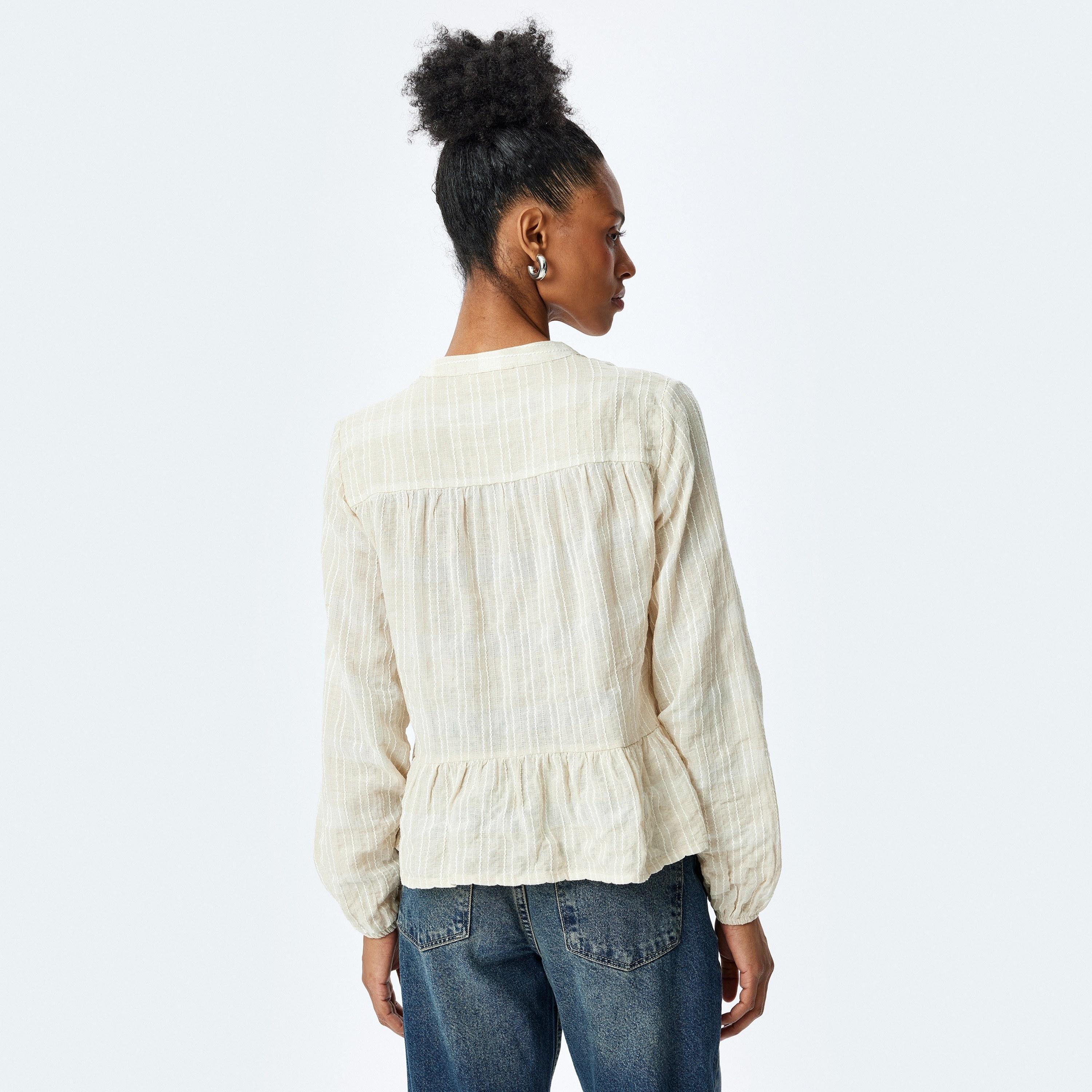 Koton Beige Textured Tie-Up Neck Elasticated Cuffs Women's Top-women-clothing-shirtsandblouses-blouses-image-3