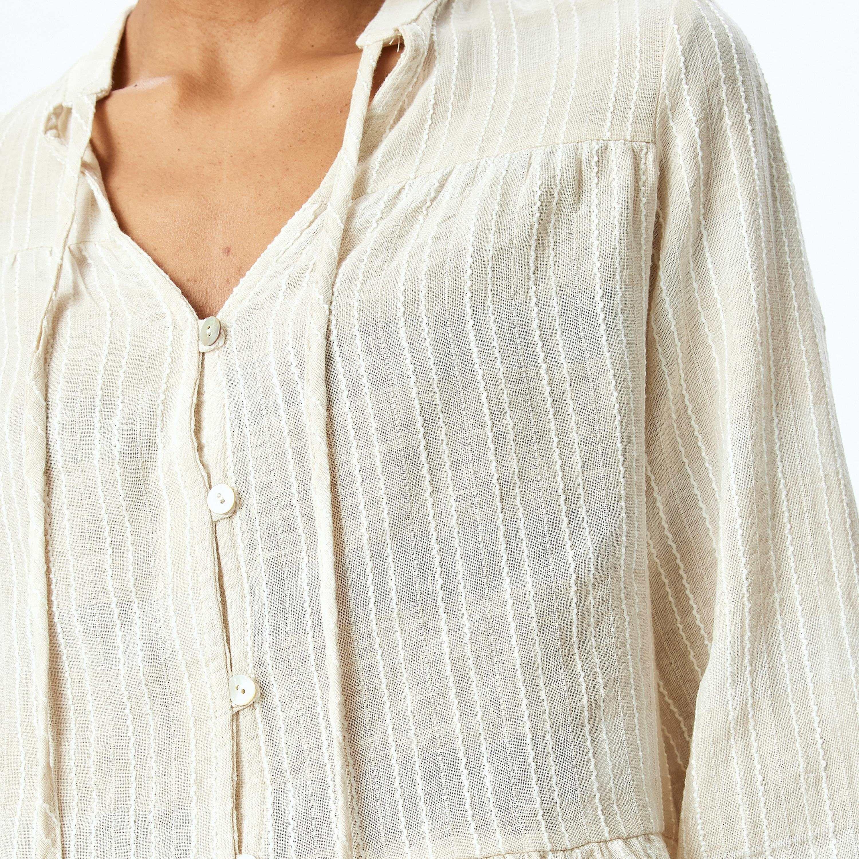 Koton Beige Textured Tie-Up Neck Elasticated Cuffs Women's Top-women-clothing-shirtsandblouses-blouses-image-4