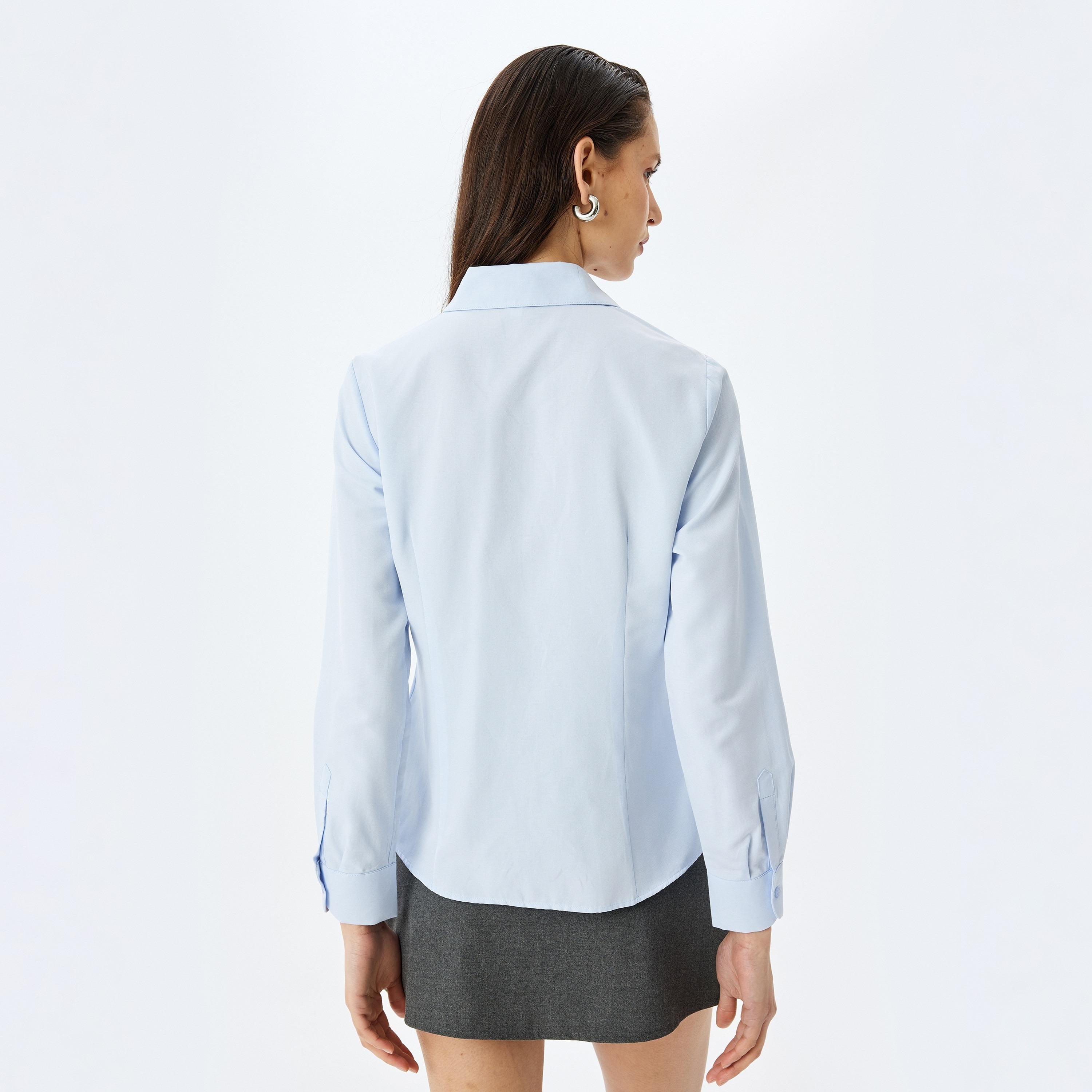 Koton Light Blue Plain Poplin Spread Collar Long Sleeves Women's Shirt-women-clothing-shirtsandblouses-shirts-image-3