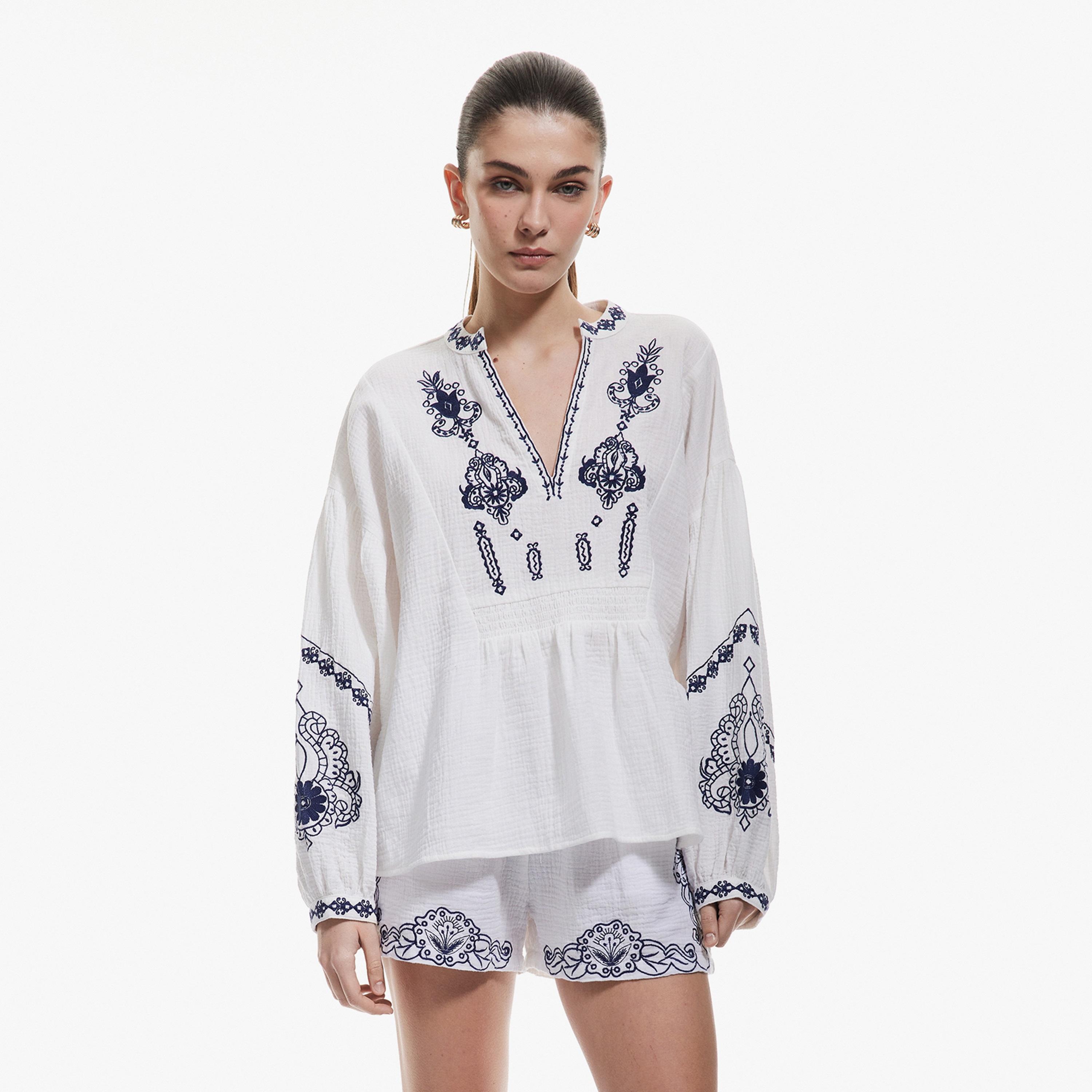 KOTON White Embroidered Mandarin Collar Dropped Sleeves Women's Top-women-clothing-shirtsandblouses-blouses-image-1