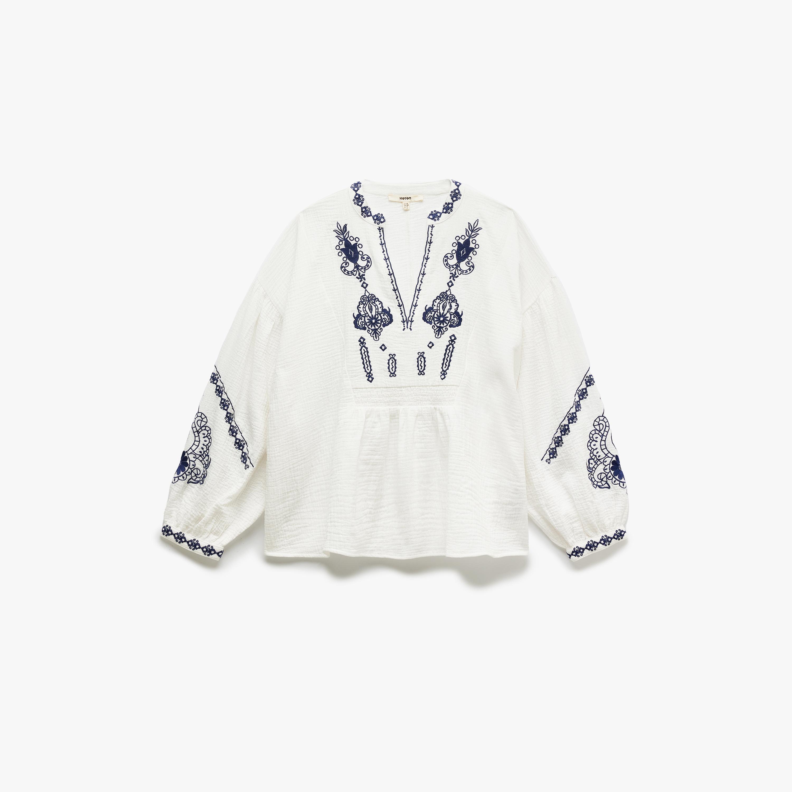 KOTON White Embroidered Mandarin Collar Dropped Sleeves Women's Top-women-clothing-shirtsandblouses-blouses-image-4