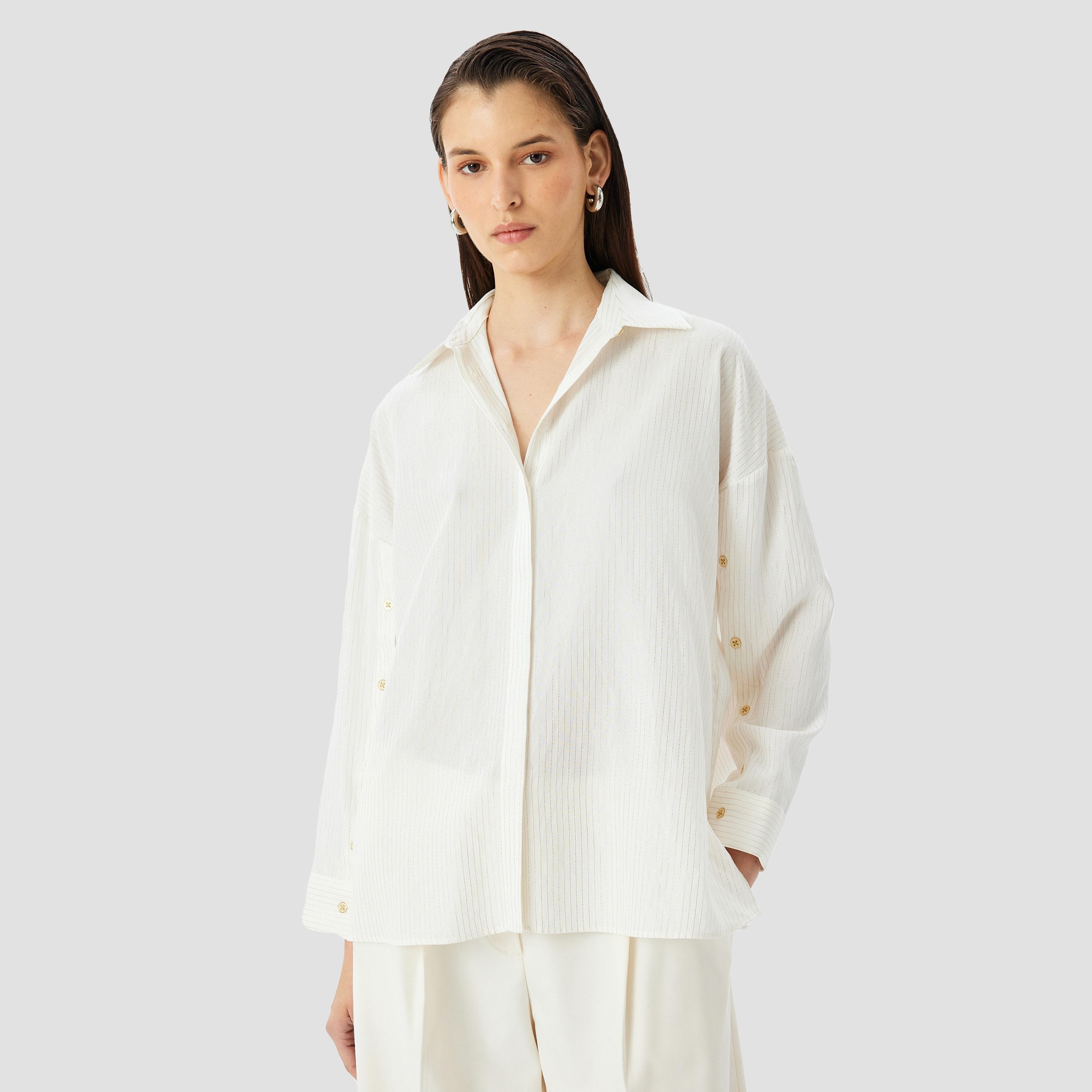كوتون الأبيض المخطط بياقة مفتوحة بأكمام منخفضة قميص نسائي-women-clothing-shirtsandblouses-shirts-image-1