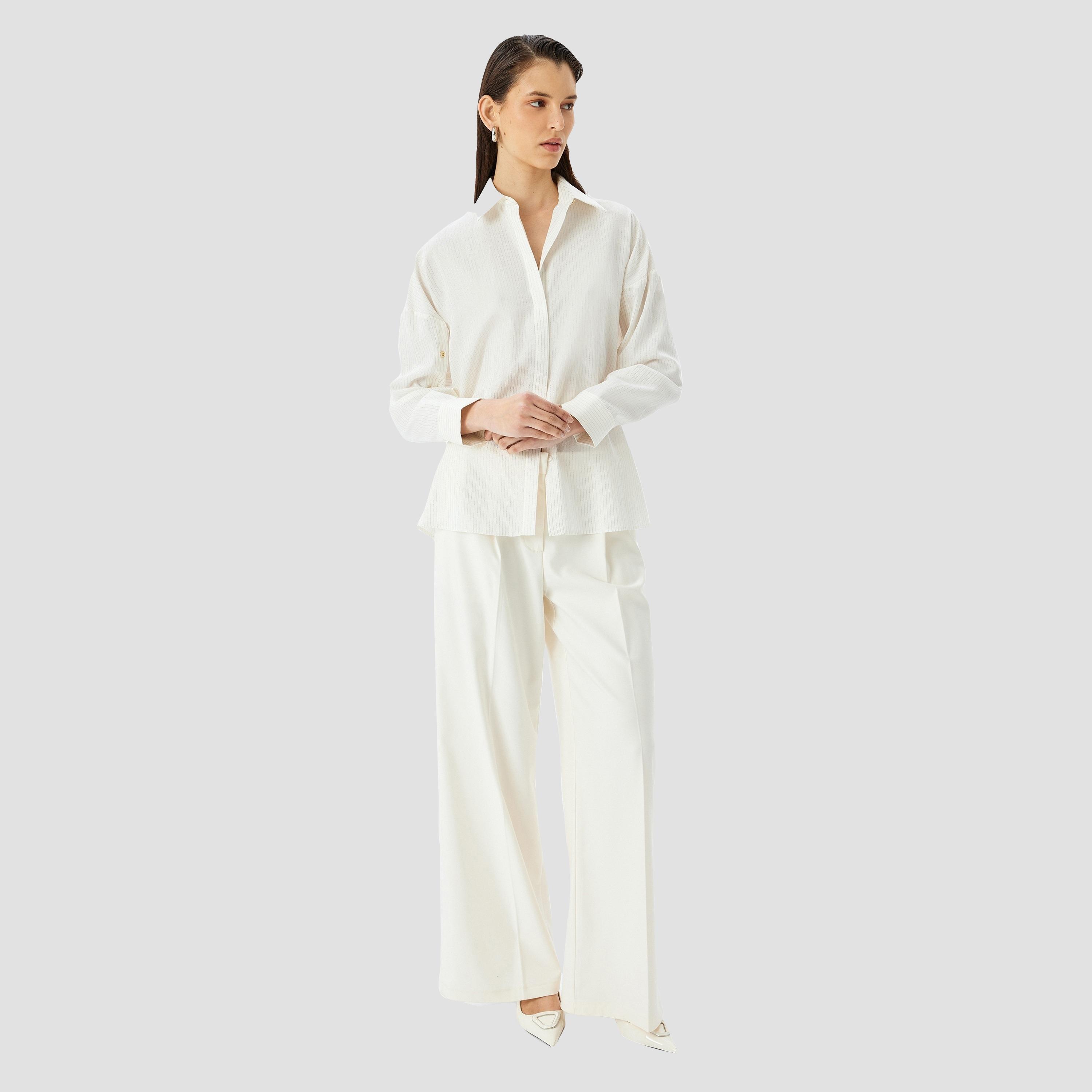 كوتون الأبيض المخطط بياقة مفتوحة بأكمام منخفضة قميص نسائي-women-clothing-shirtsandblouses-shirts-image-2