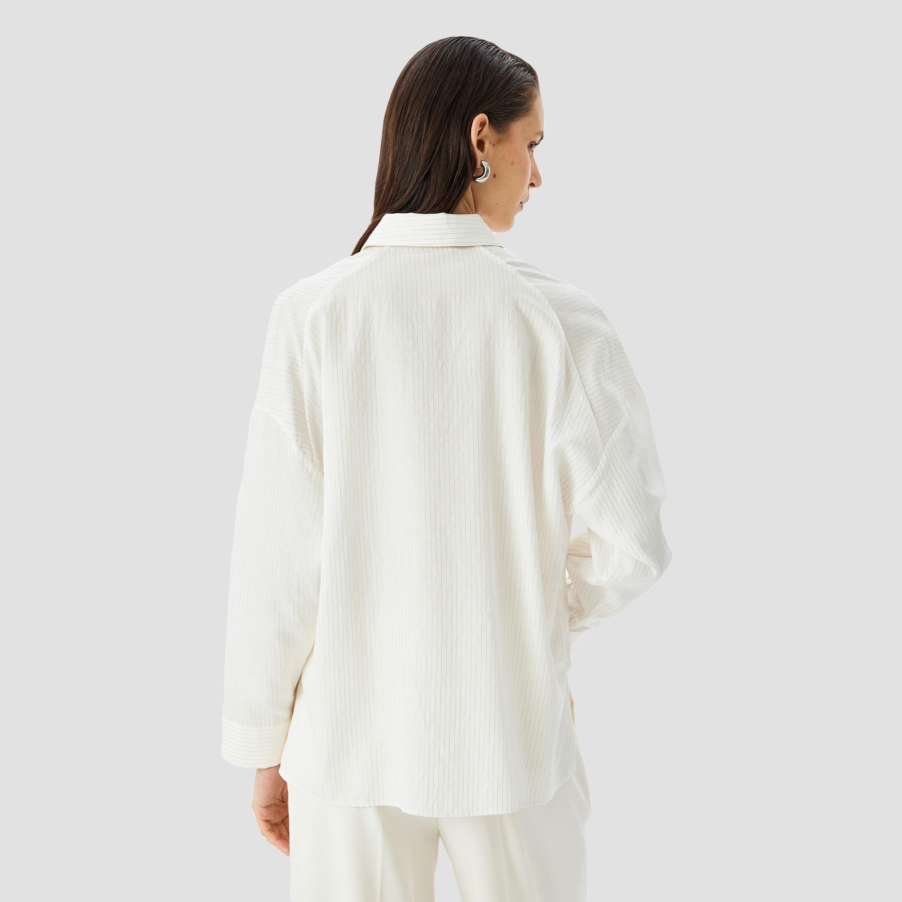 كوتون الأبيض المخطط بياقة مفتوحة بأكمام منخفضة قميص نسائي-women-clothing-shirtsandblouses-shirts-image-3