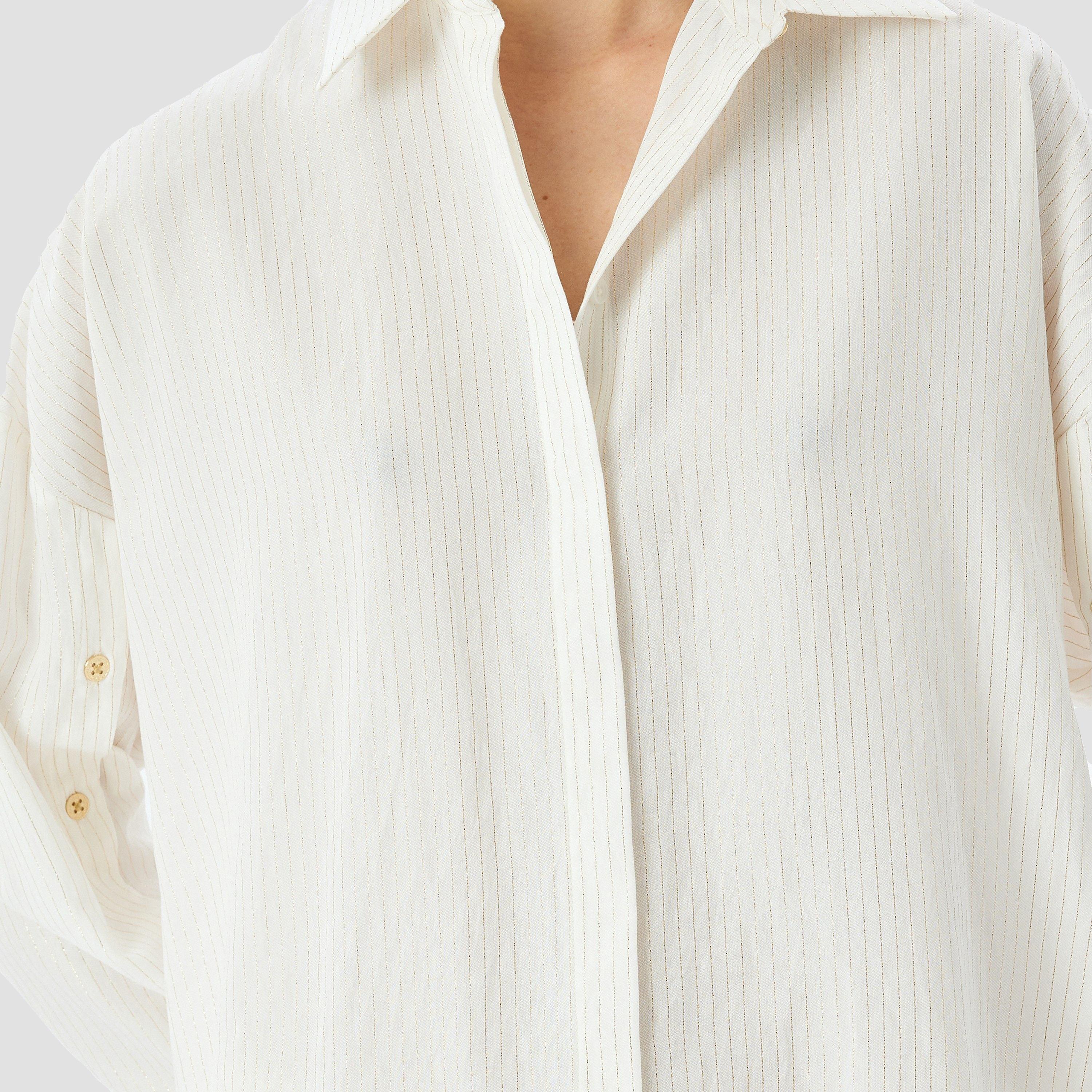 كوتون الأبيض المخطط بياقة مفتوحة بأكمام منخفضة قميص نسائي-women-clothing-shirtsandblouses-shirts-image-4