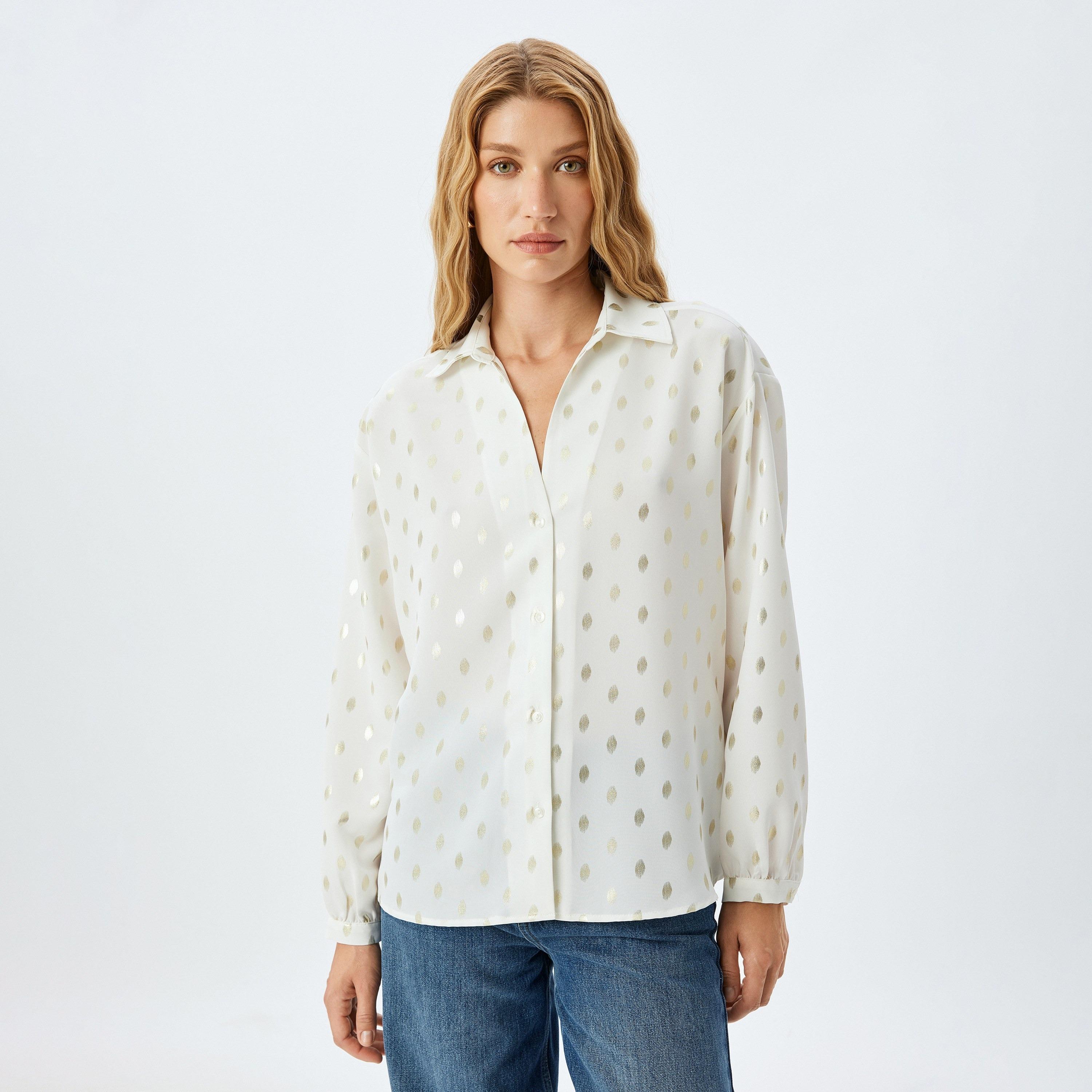 Koton Light Pink Dotted Print Spread Collar Long Sleeves Women's Shirt-women-clothing-shirtsandblouses-shirts-image-1