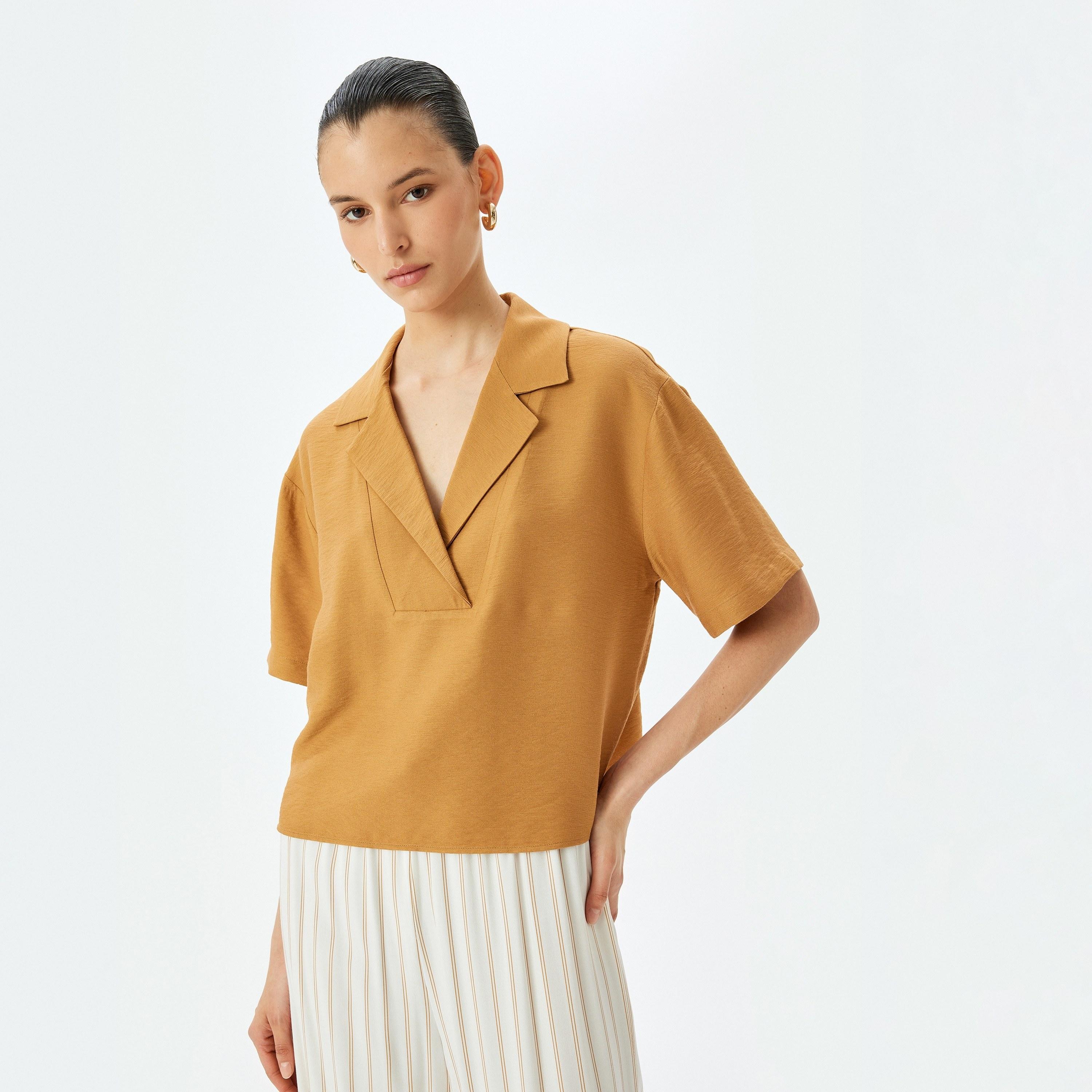 Koton Brown Plain Notch Collar Short Sleeves Women's Top-women-clothing-shirtsandblouses-blouses-image-1