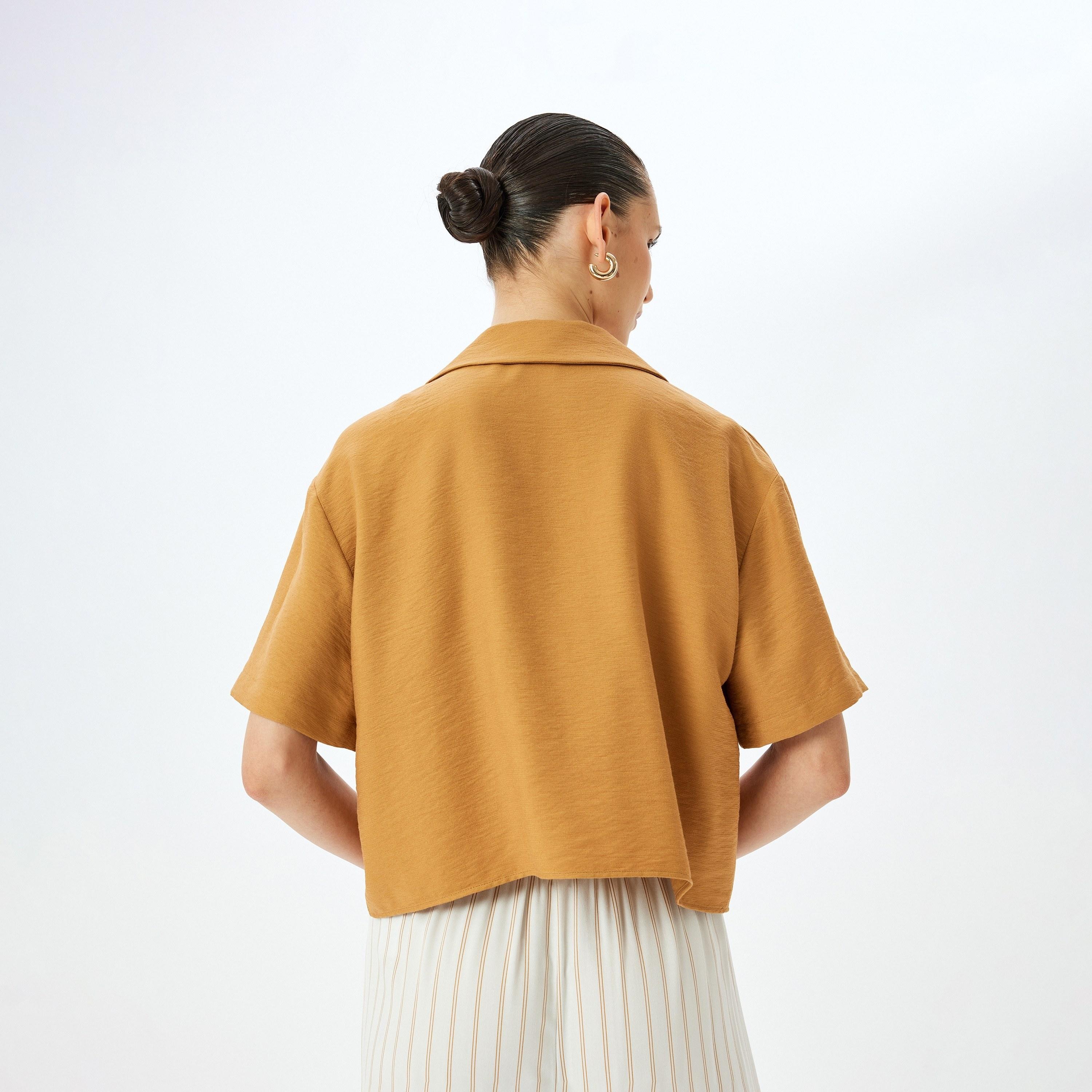 Koton Brown Plain Notch Collar Short Sleeves Women's Top-women-clothing-shirtsandblouses-blouses-image-3