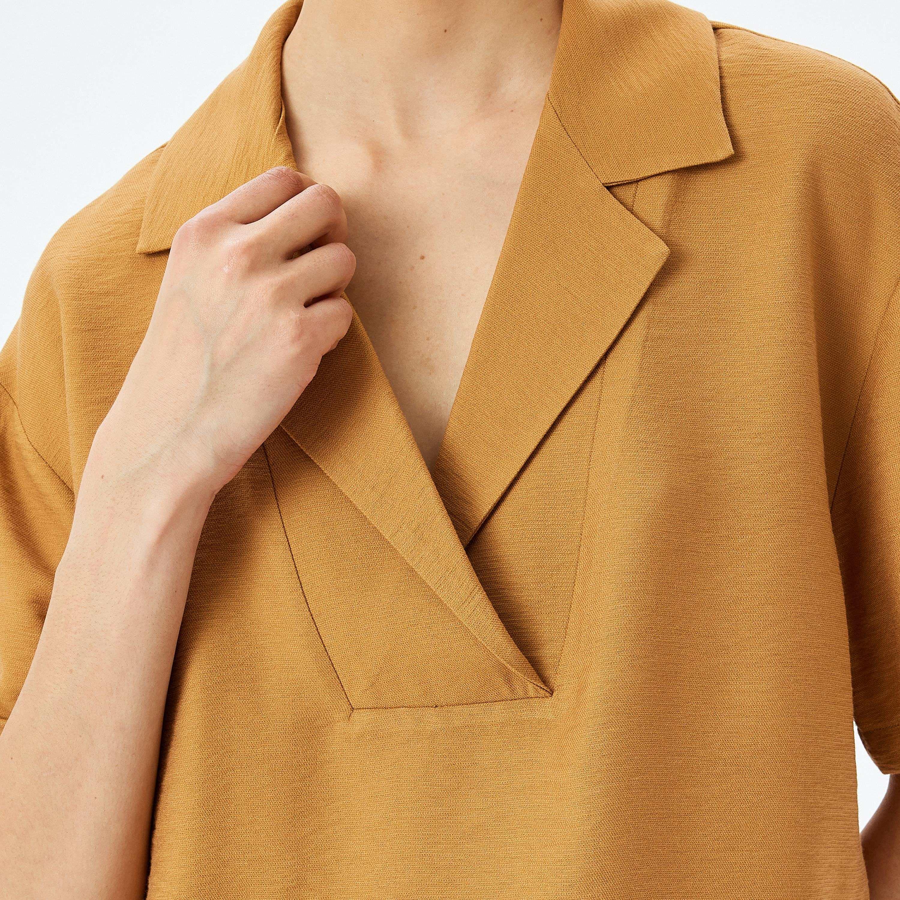 Koton Brown Plain Notch Collar Short Sleeves Women's Top-women-clothing-shirtsandblouses-blouses-image-4