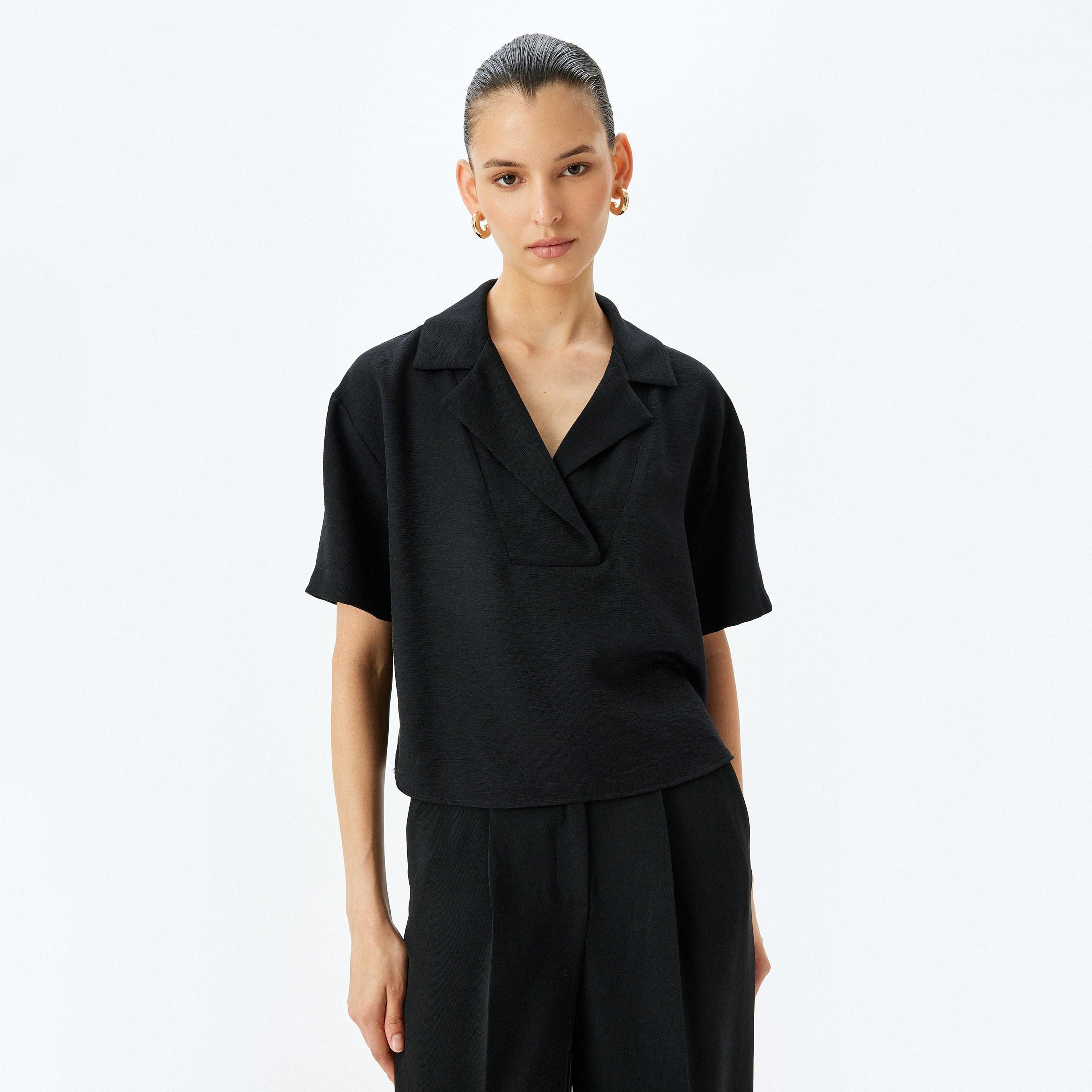 Koton Black Plain Notch Collar Short Sleeves Women's Top-women-clothing-shirtsandblouses-blouses-image-1