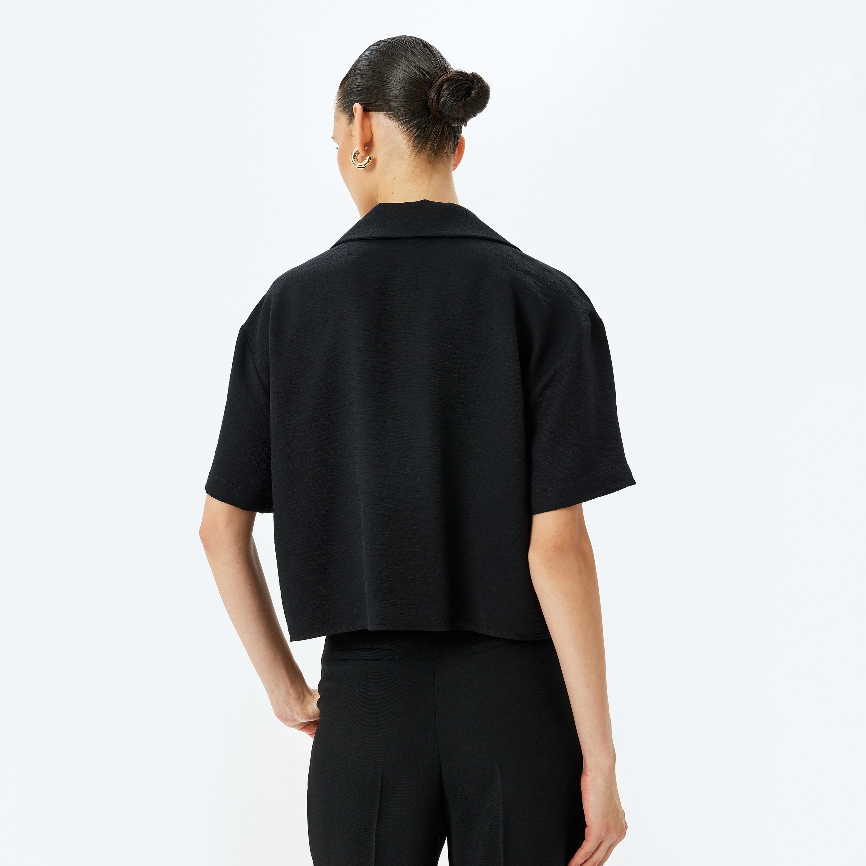 Koton Black Plain Notch Collar Short Sleeves Women's Top-women-clothing-shirtsandblouses-blouses-image-3