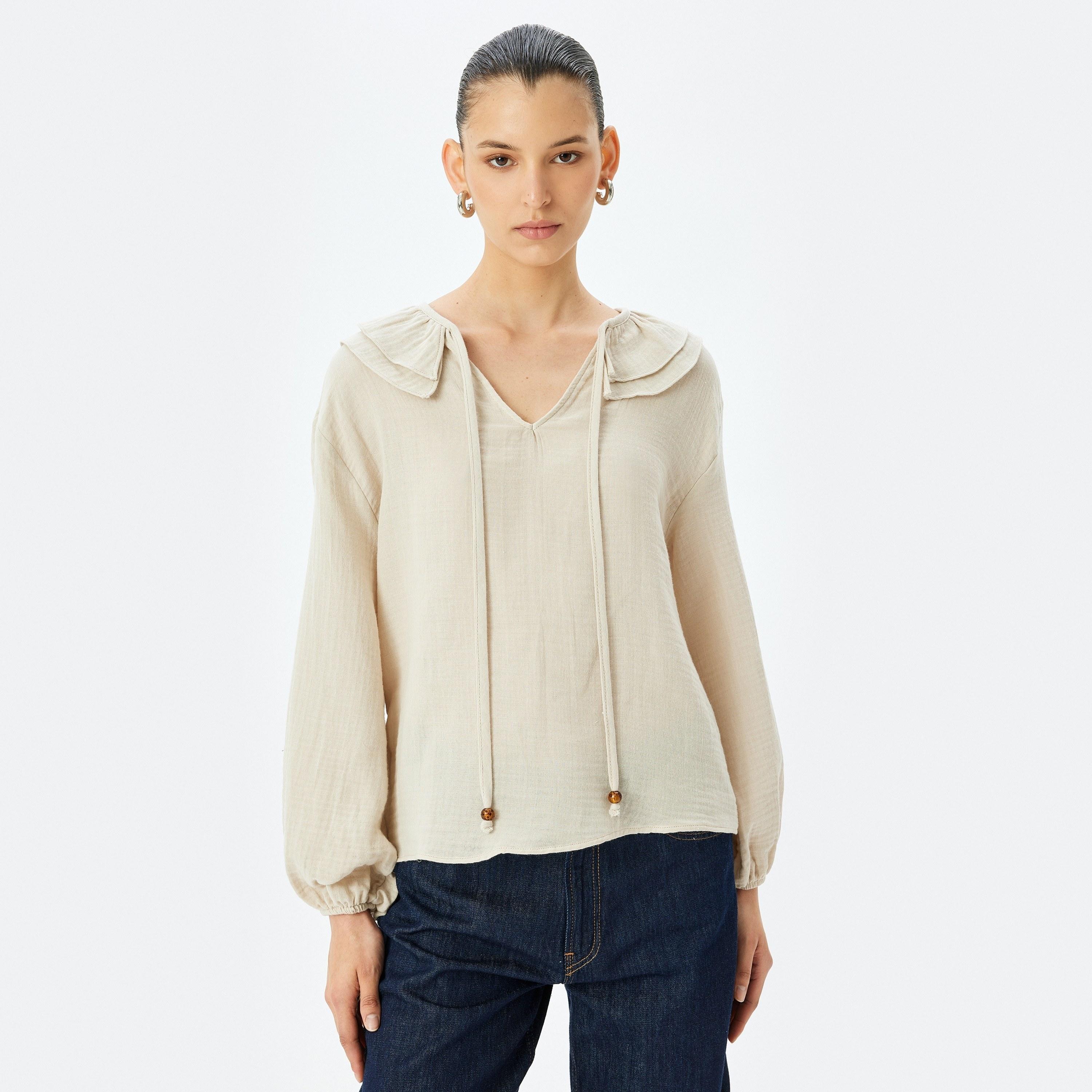 Koton Beige Plain Tie-Up Neck Elasticated Cuffs Women's Top-women-clothing-shirtsandblouses-blouses-image-1