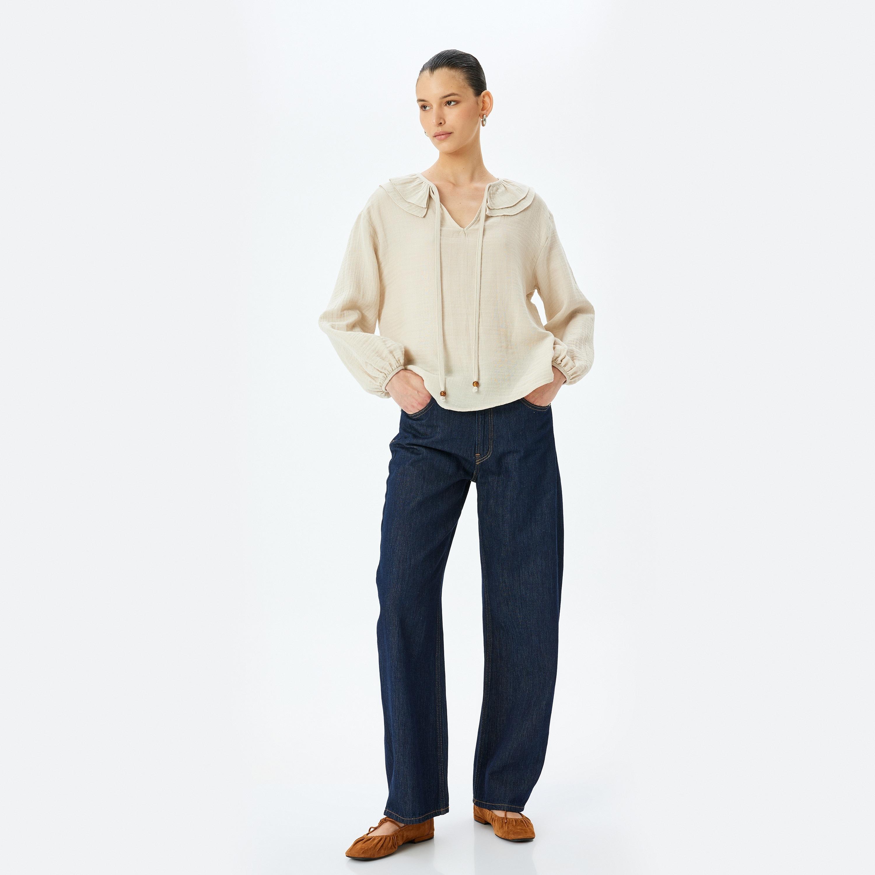 Koton Beige Plain Tie-Up Neck Elasticated Cuffs Women's Top-women-clothing-shirtsandblouses-blouses-image-2