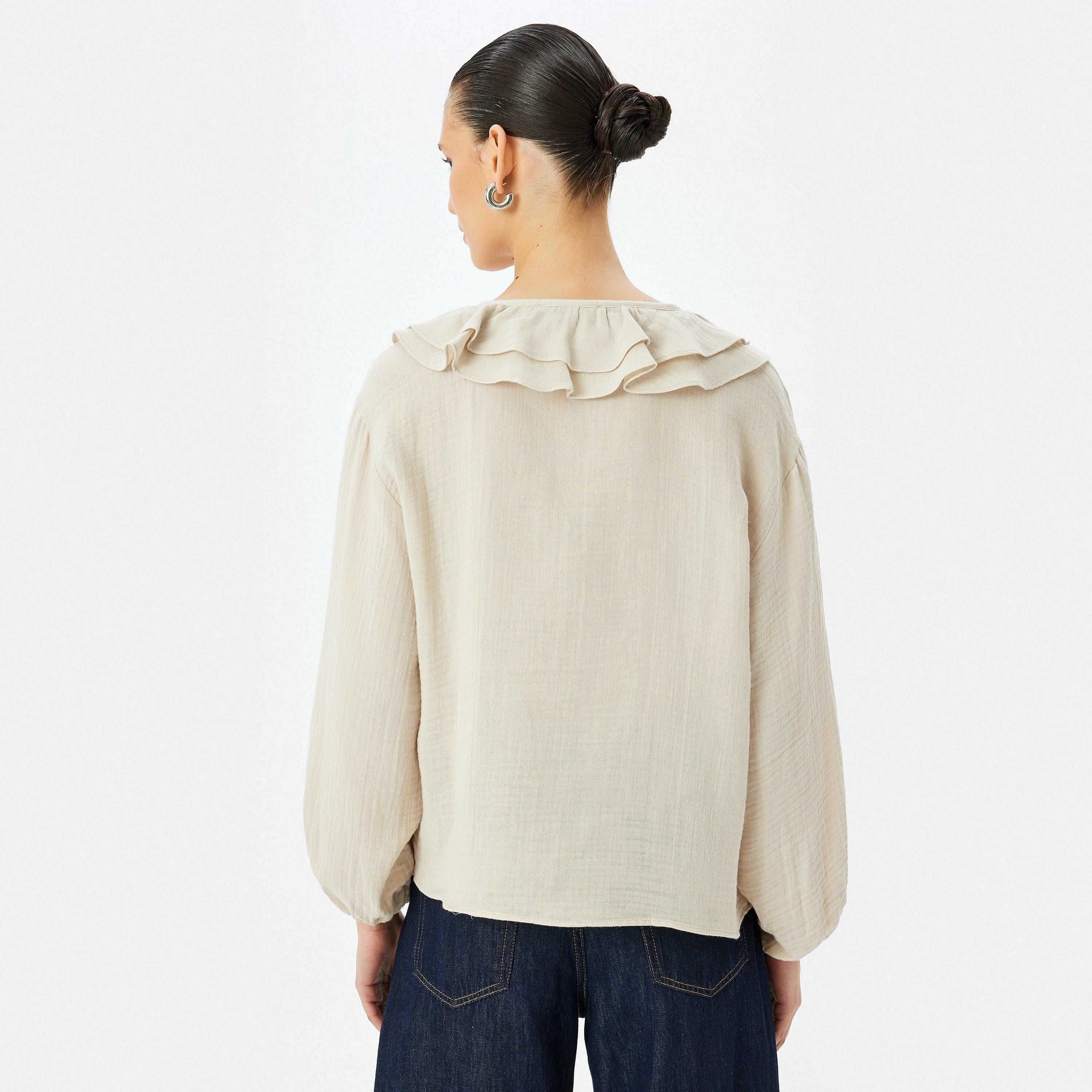 Koton Beige Plain Tie-Up Neck Elasticated Cuffs Women's Top-women-clothing-shirtsandblouses-blouses-image-3