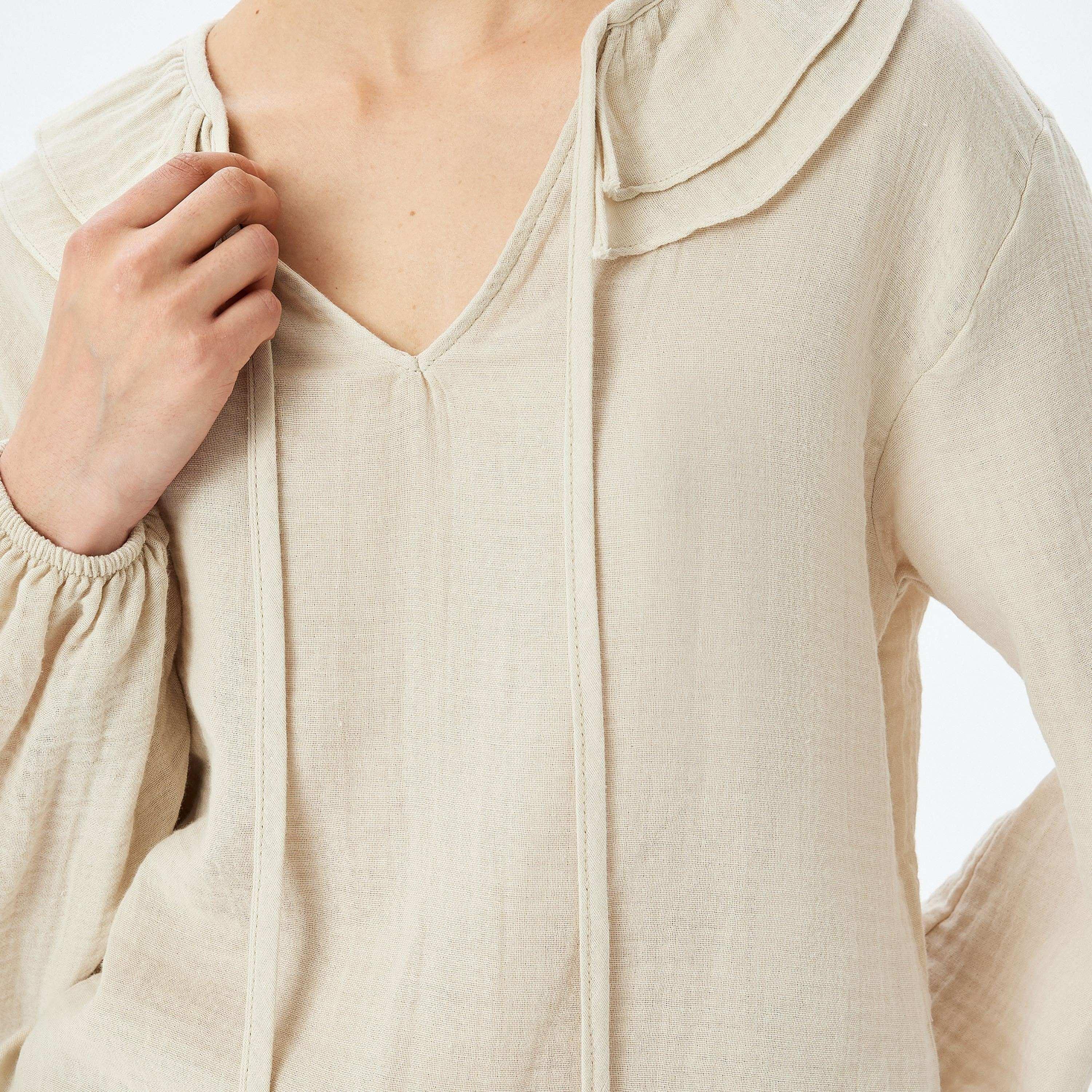 Koton Beige Plain Tie-Up Neck Elasticated Cuffs Women's Top-women-clothing-shirtsandblouses-blouses-image-4