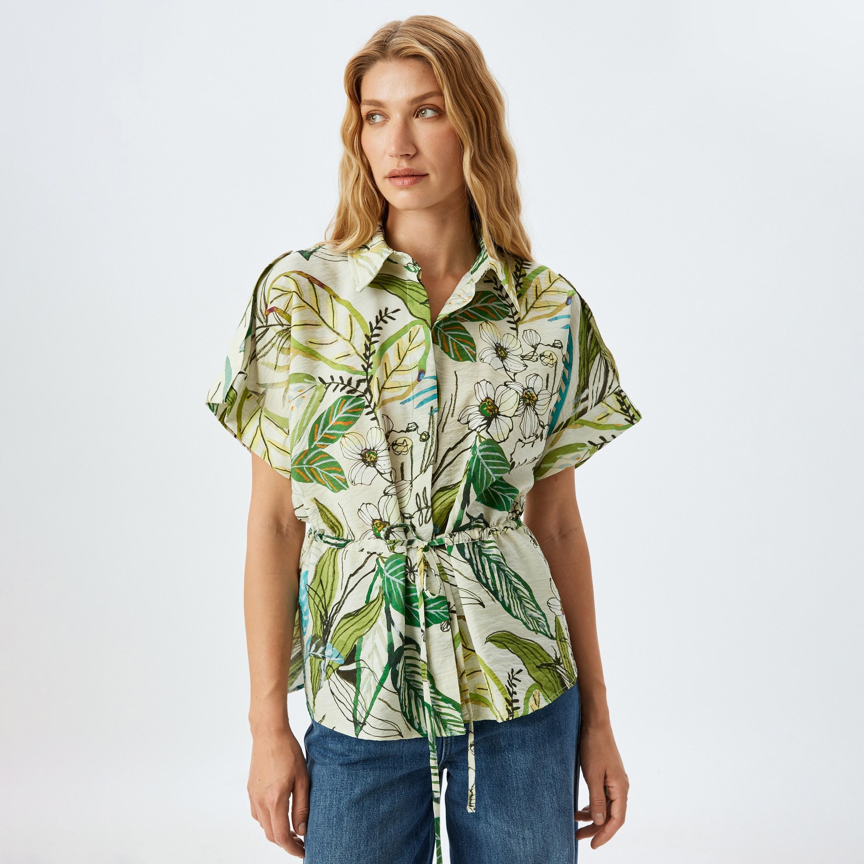 Koton Green Tropical Print Spread Collar Short Sleeves Women's Shirt-women-clothing-shirtsandblouses-shirts-image-1