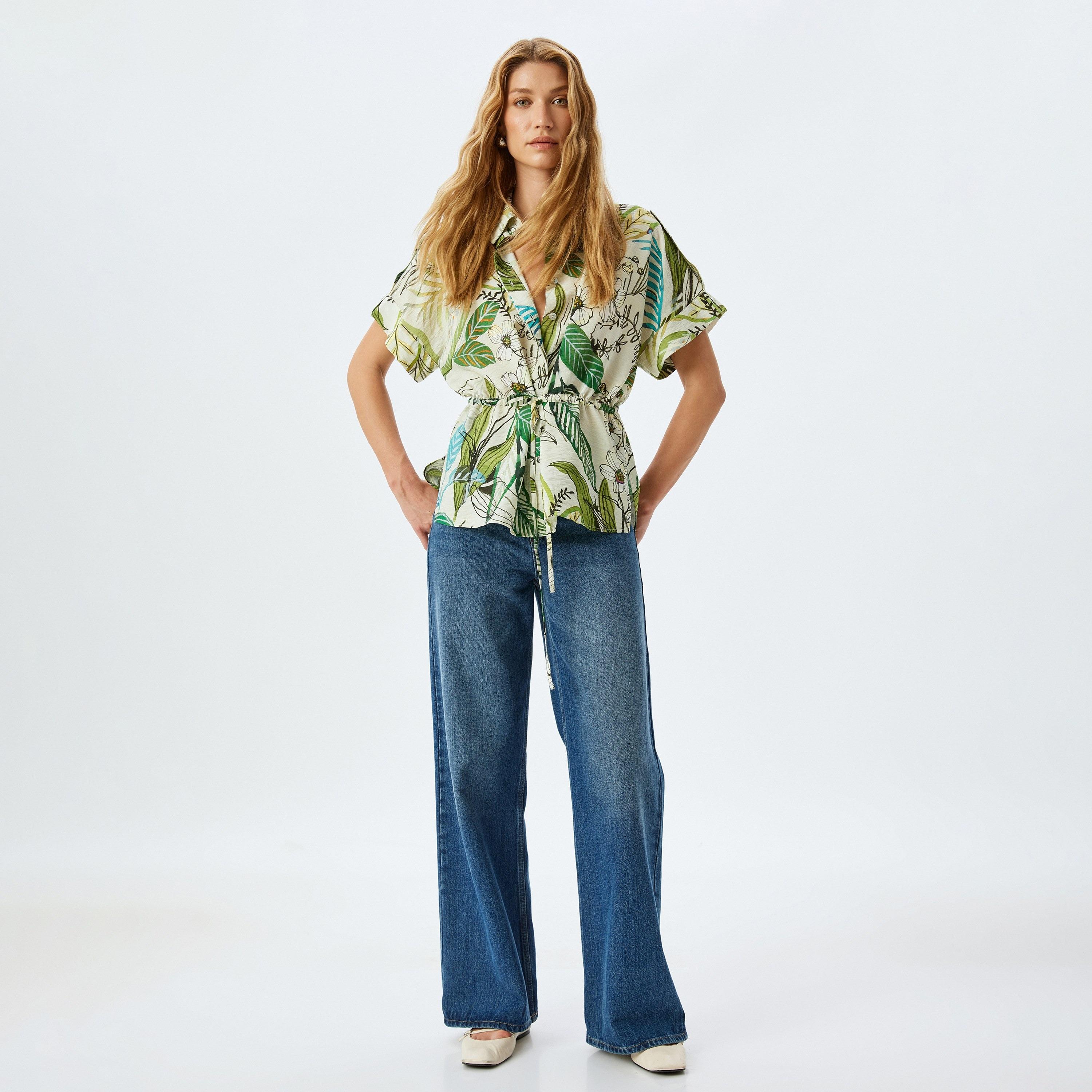 Koton Green Tropical Print Spread Collar Short Sleeves Women's Shirt-women-clothing-shirtsandblouses-shirts-image-2