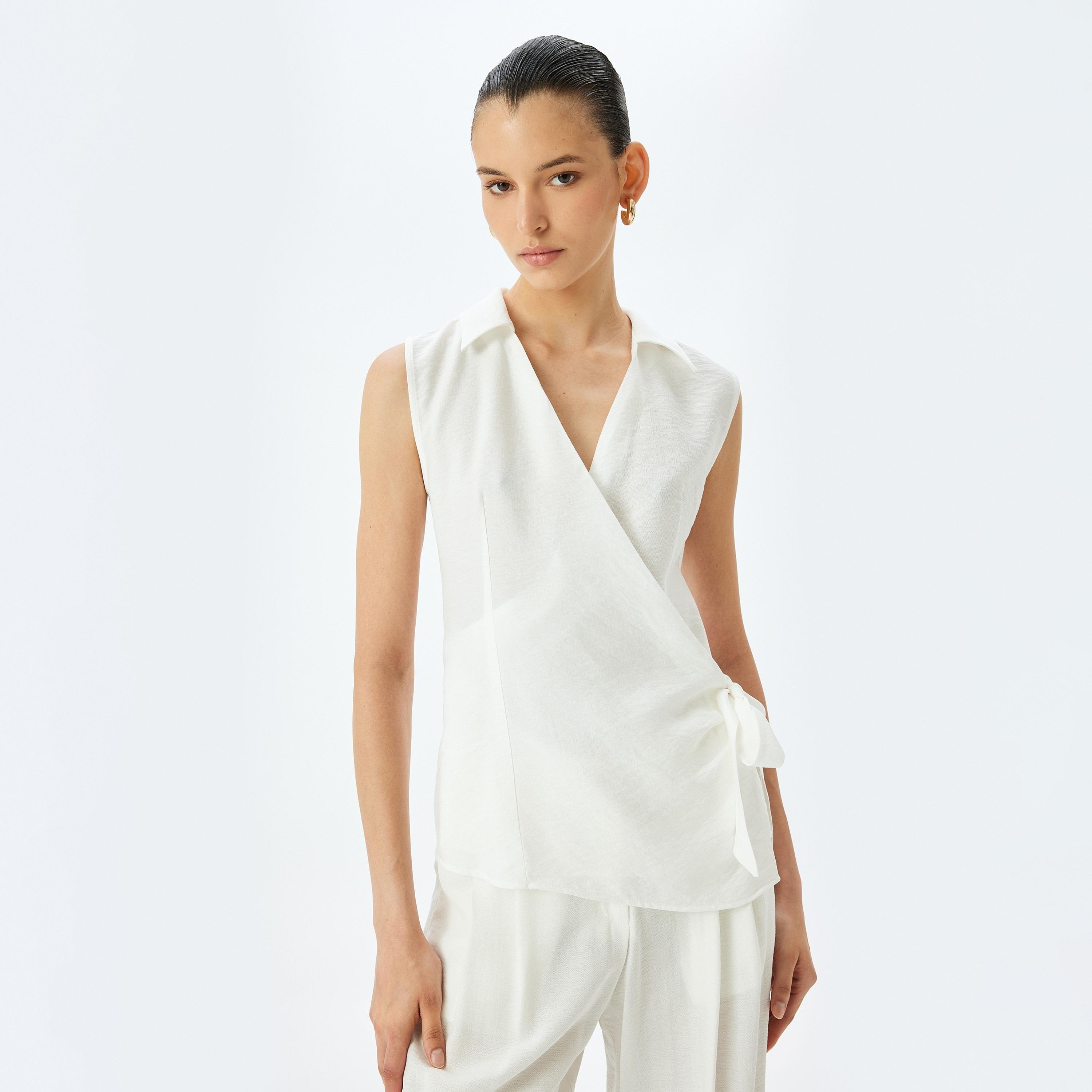 Koton White Plain Collared Sleeveless Women's Wrap Top-women-clothing-shirtsandblouses-blouses-image-1