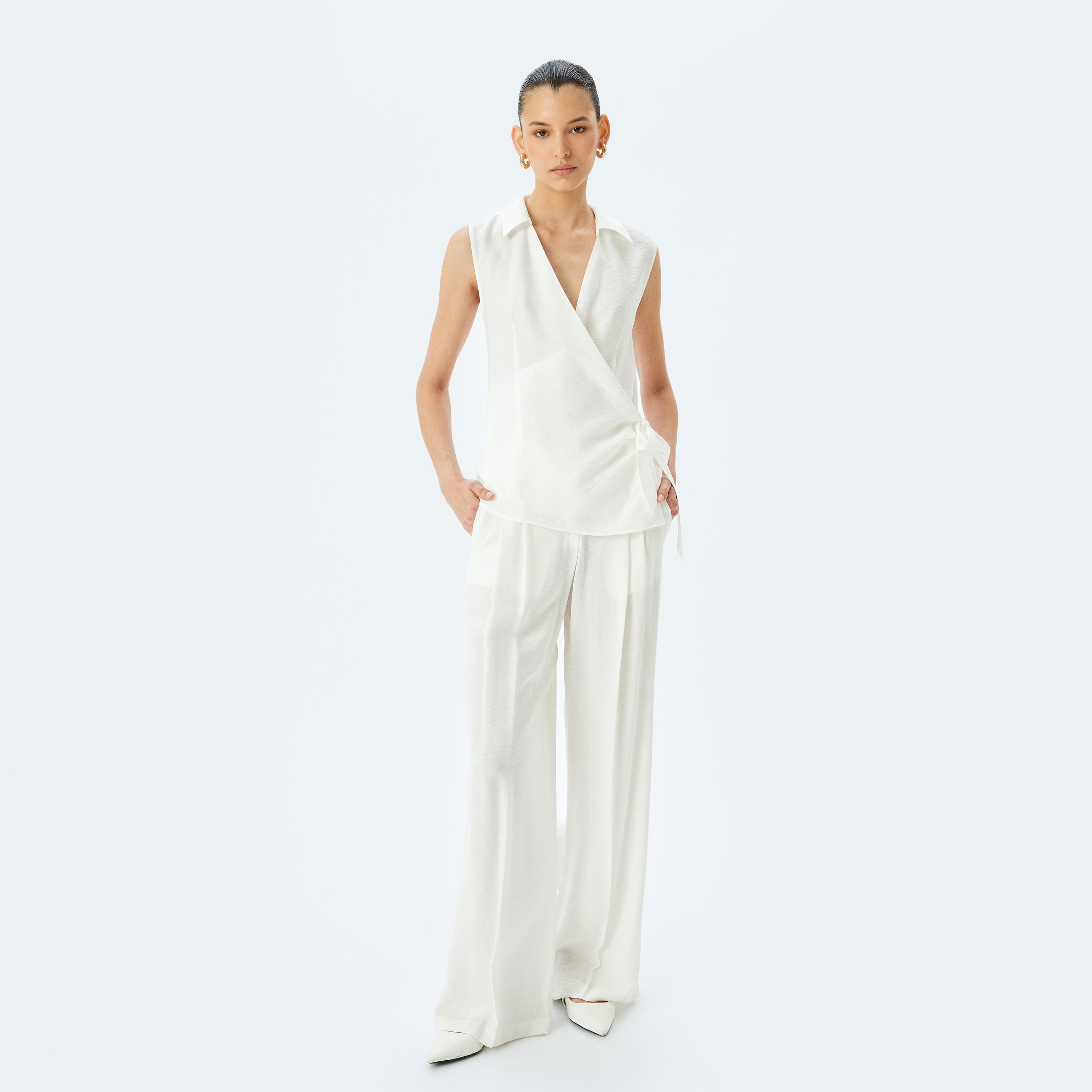 Koton White Plain Collared Sleeveless Women's Wrap Top-women-clothing-shirtsandblouses-blouses-image-2