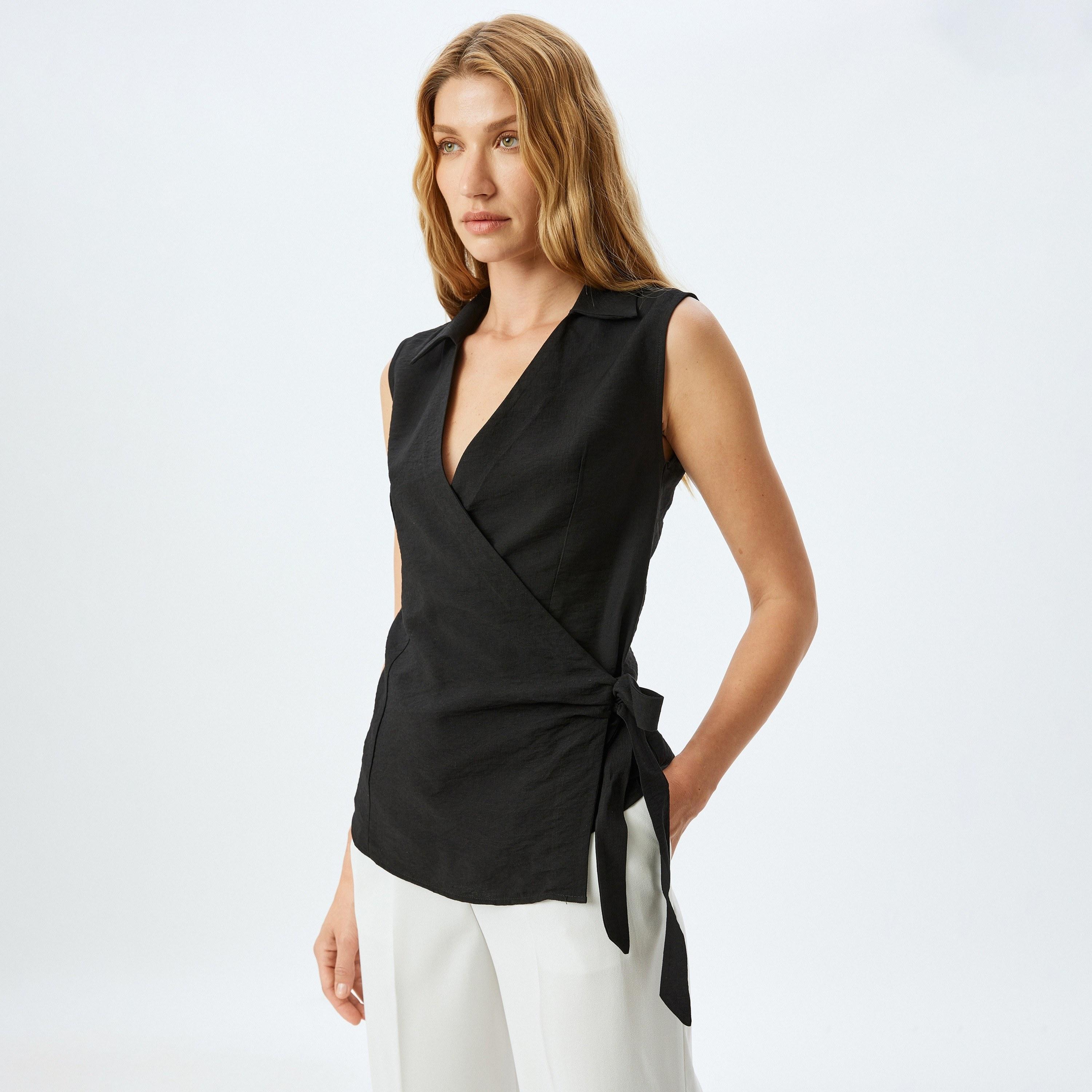 Koton Black Plain Collared Sleeveless Women's Top-women-clothing-shirtsandblouses-blouses-image-3