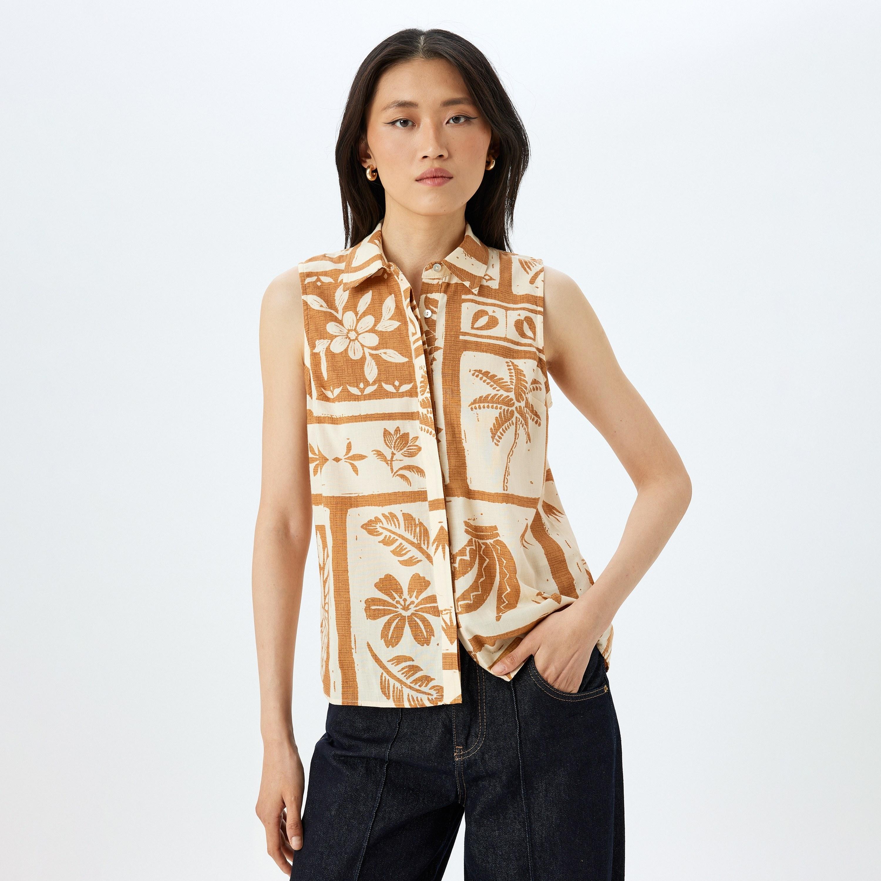 Koton Orange Floral Print Spread Collar Sleeveless Women's Shirt-women-clothing-shirtsandblouses-shirts-image-2