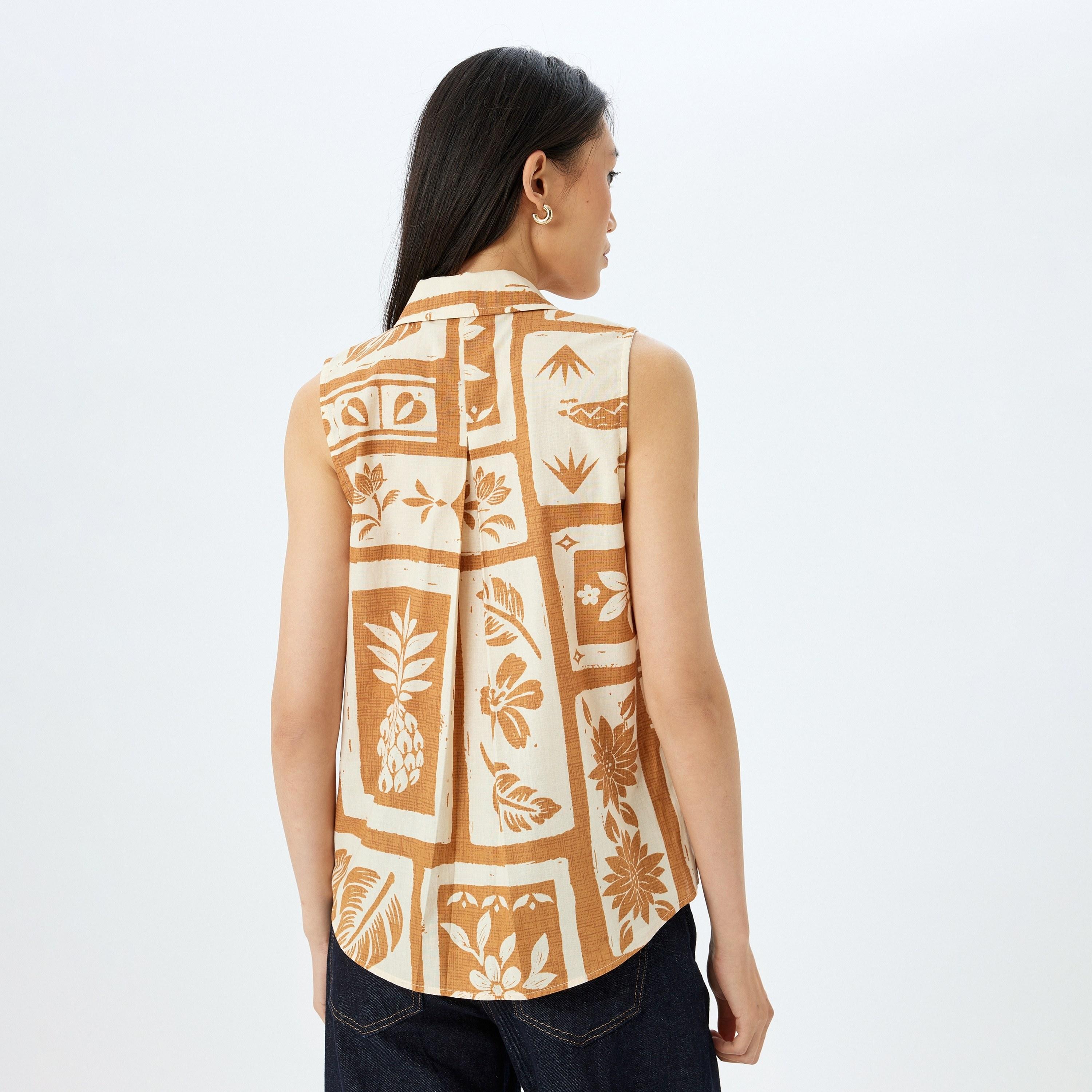 Koton Orange Floral Print Spread Collar Sleeveless Women's Shirt-women-clothing-shirtsandblouses-shirts-image-3