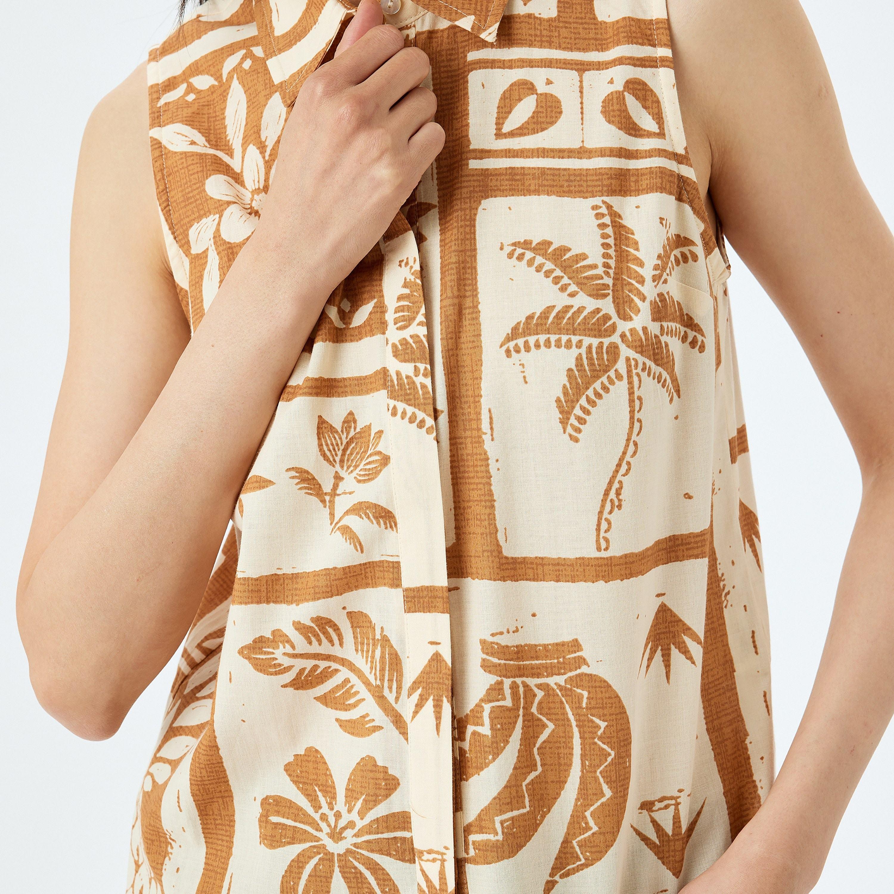 Koton Orange Floral Print Spread Collar Sleeveless Women's Shirt-women-clothing-shirtsandblouses-shirts-image-4