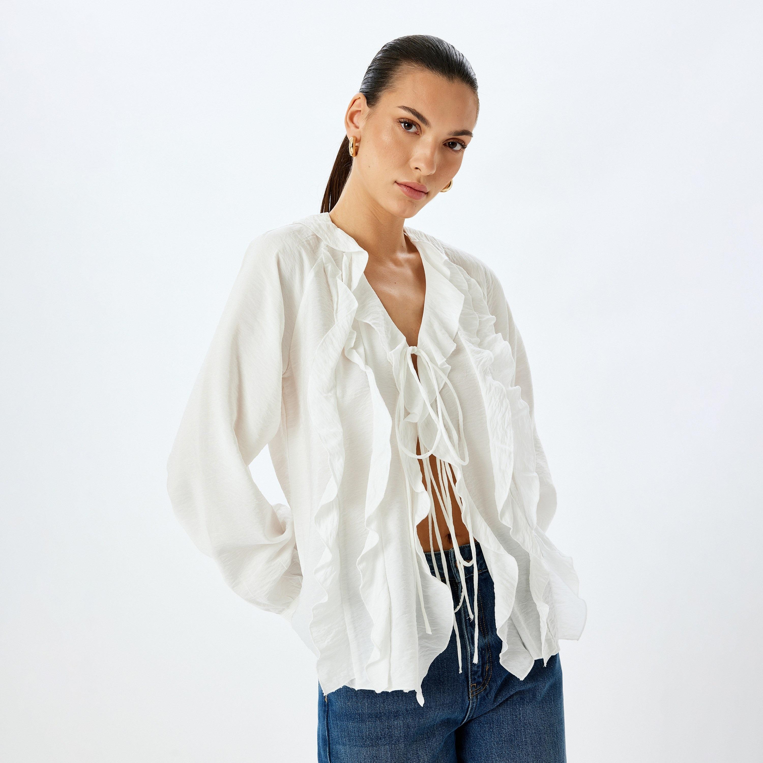 Koton White Frilled Tie-Up Neck Elasticated Cuffs Women's Top-women-clothing-shirtsandblouses-blouses-image-1