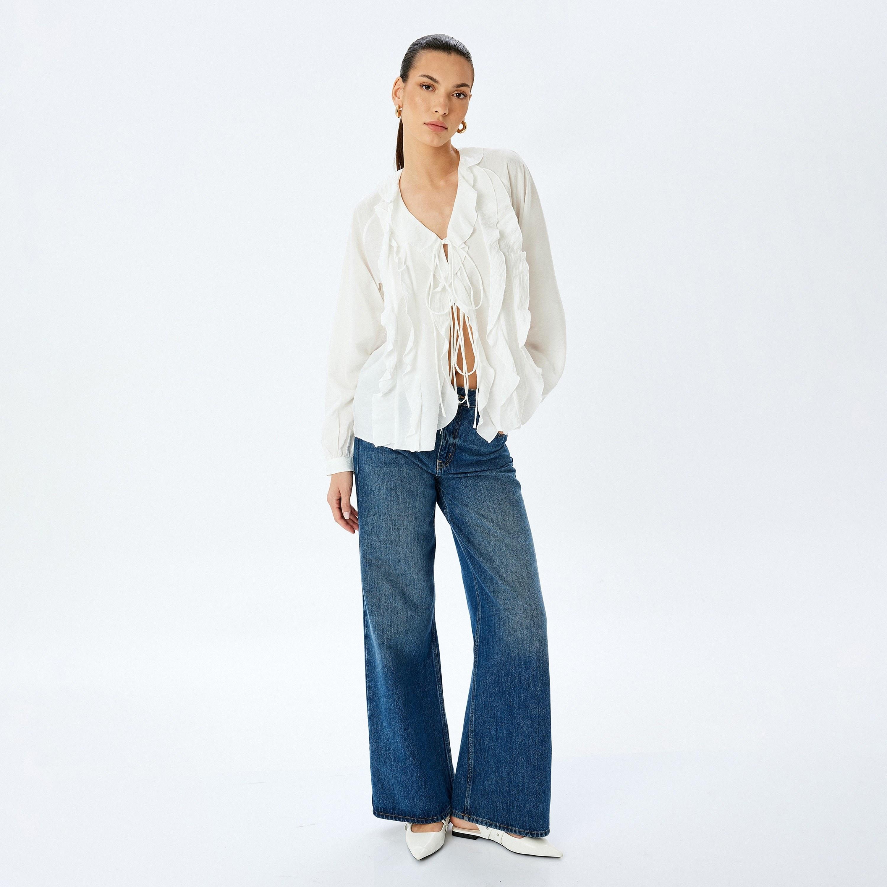 Koton White Frilled Tie-Up Neck Elasticated Cuffs Women's Top-women-clothing-shirtsandblouses-blouses-image-2