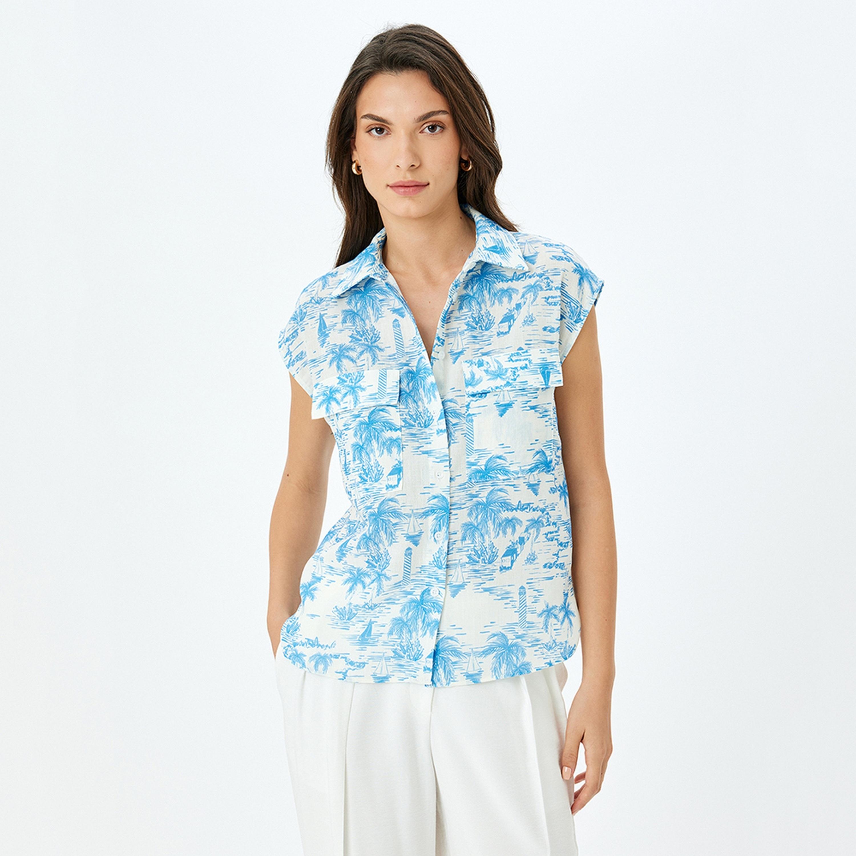 KOTON Blue Tropical Print Collared Cap Sleeves Women's Shirt-women-clothing-shirtsandblouses-shirts-image-1