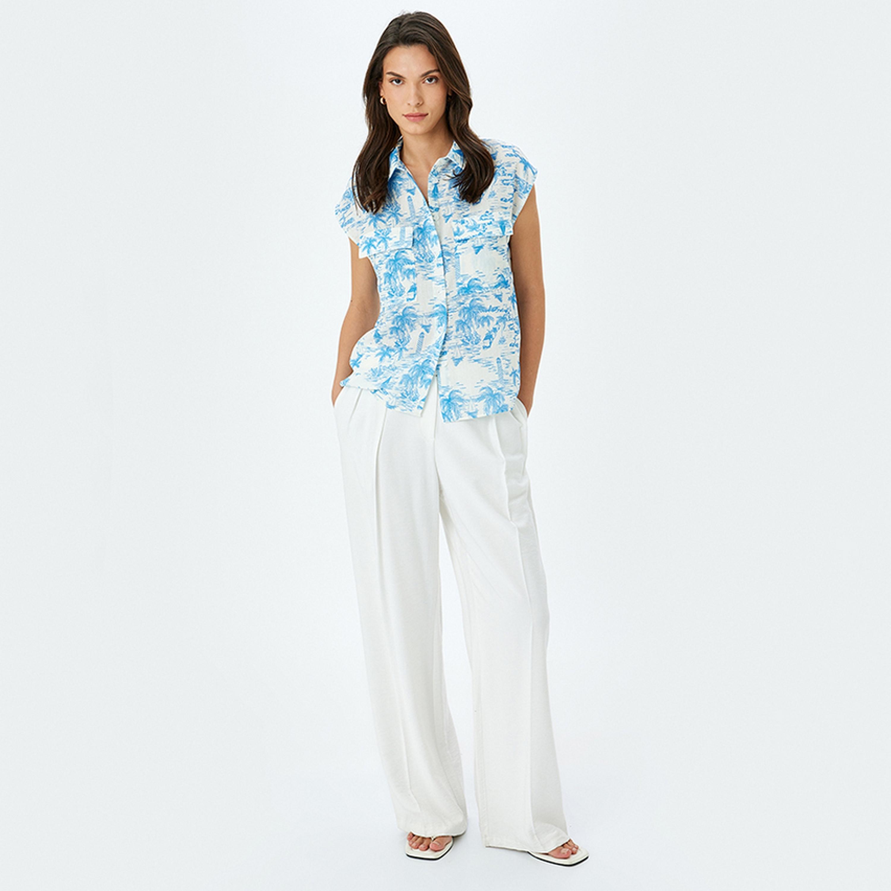 KOTON Blue Tropical Print Collared Cap Sleeves Women's Shirt-women-clothing-shirtsandblouses-shirts-image-2