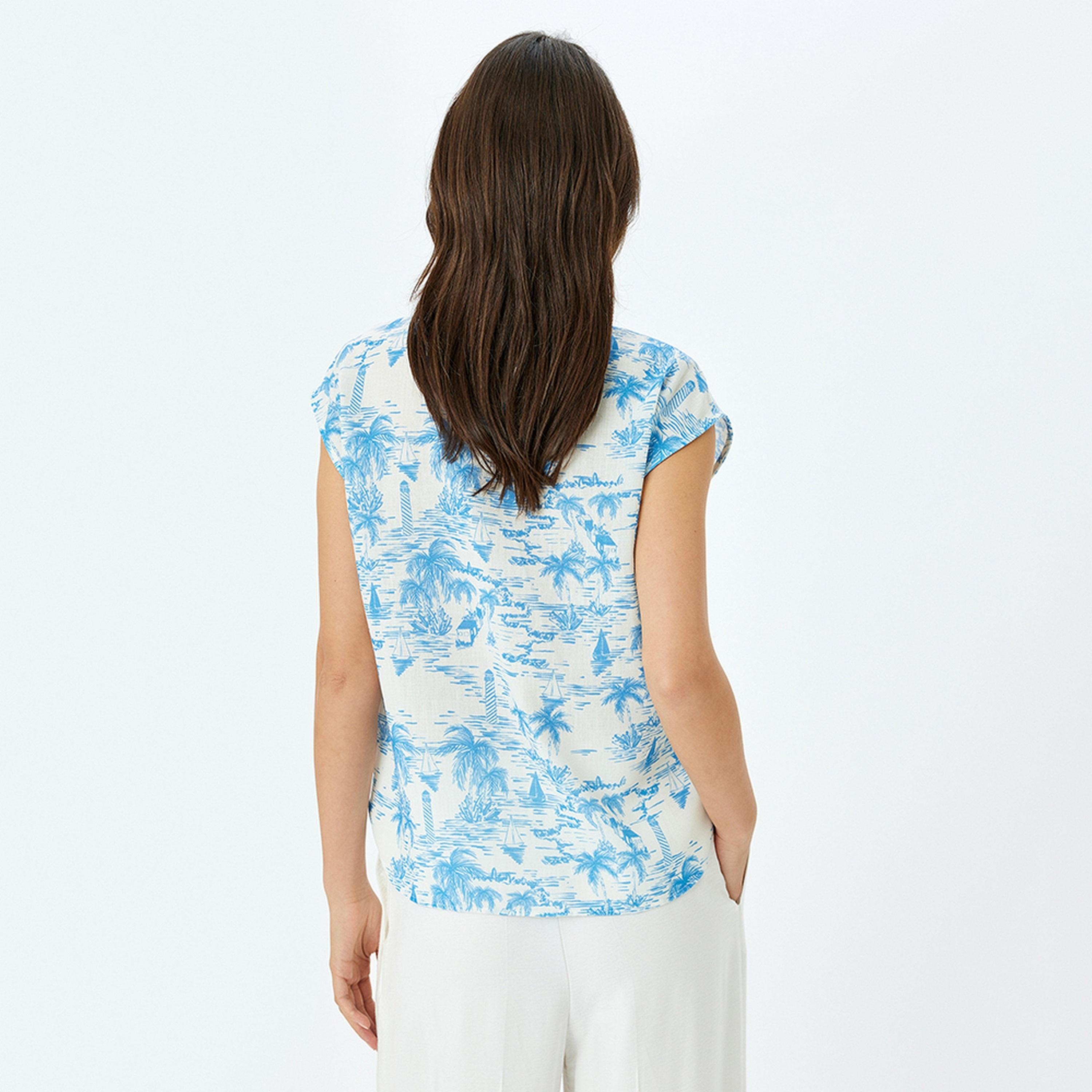 KOTON Blue Tropical Print Collared Cap Sleeves Women's Shirt-women-clothing-shirtsandblouses-shirts-image-3