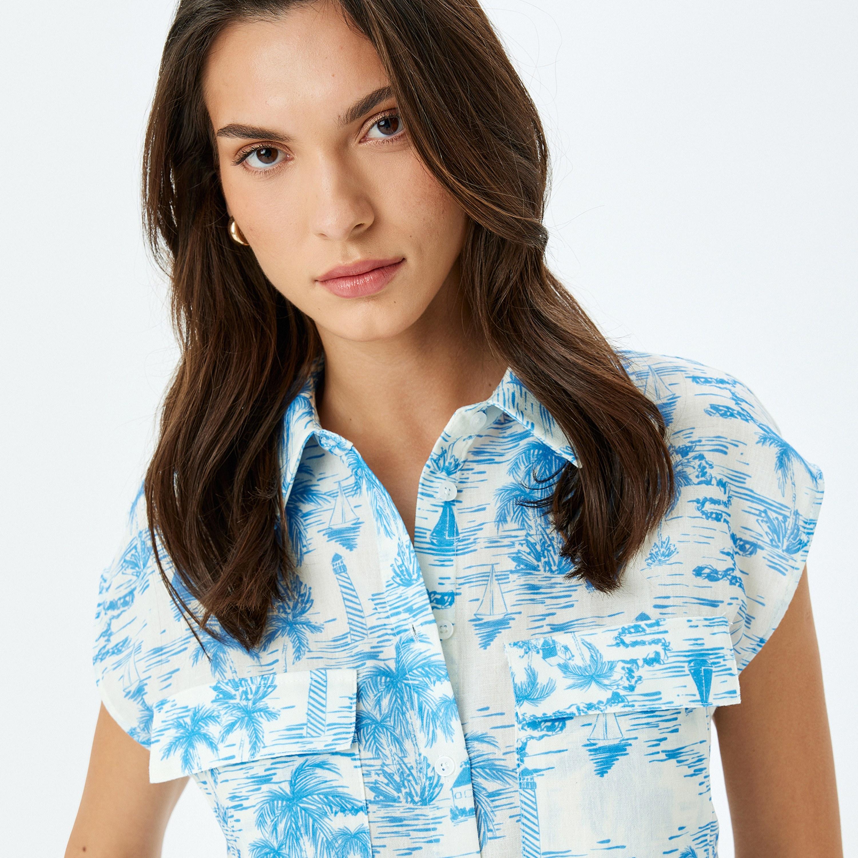 KOTON Blue Tropical Print Collared Cap Sleeves Women's Shirt-women-clothing-shirtsandblouses-shirts-image-4